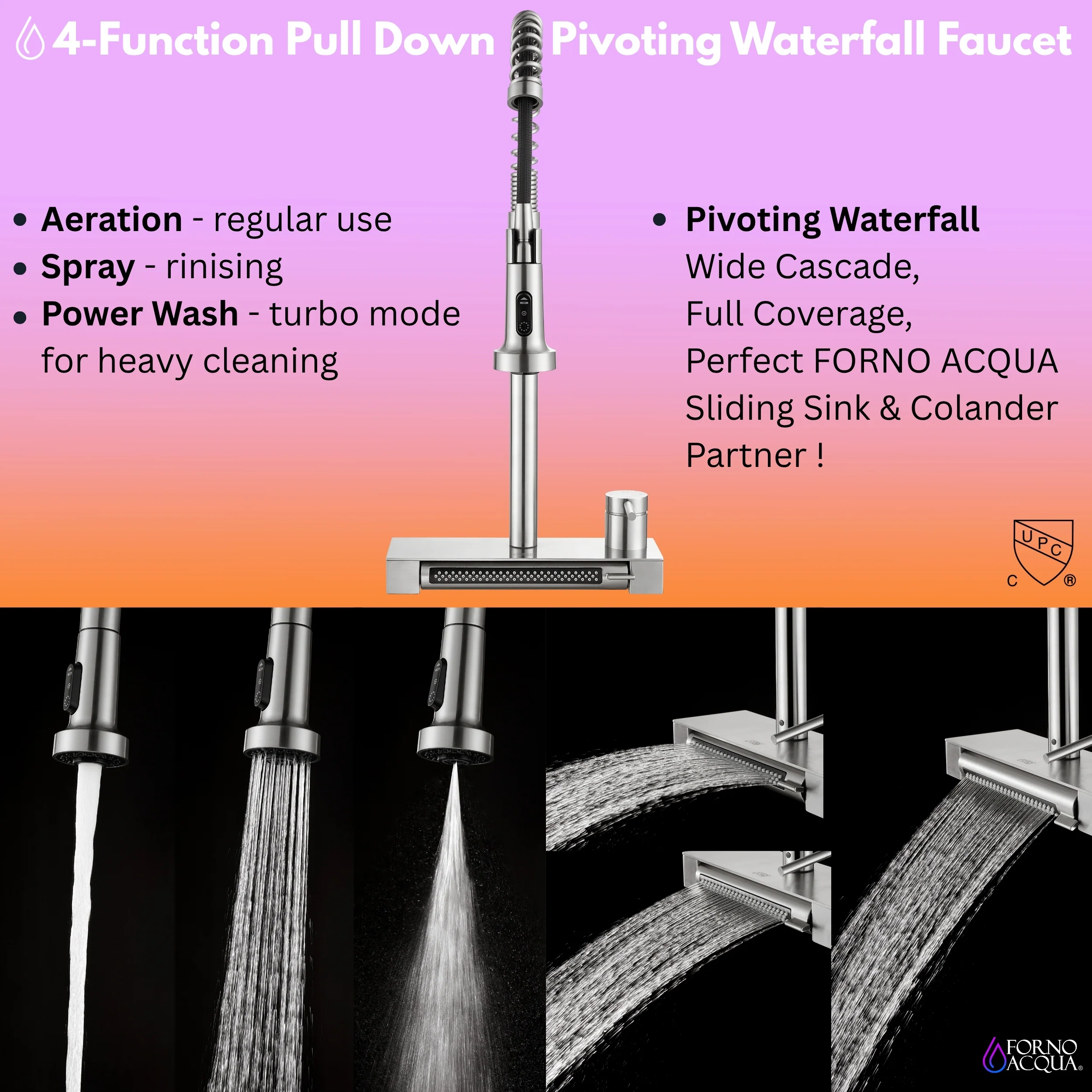 FORNO ACQUA 33 in. Drop-In/Undermount 3-Level MultiSINK Workstation Sink with Waterfall Faucet & Glass Rinser - Image 3