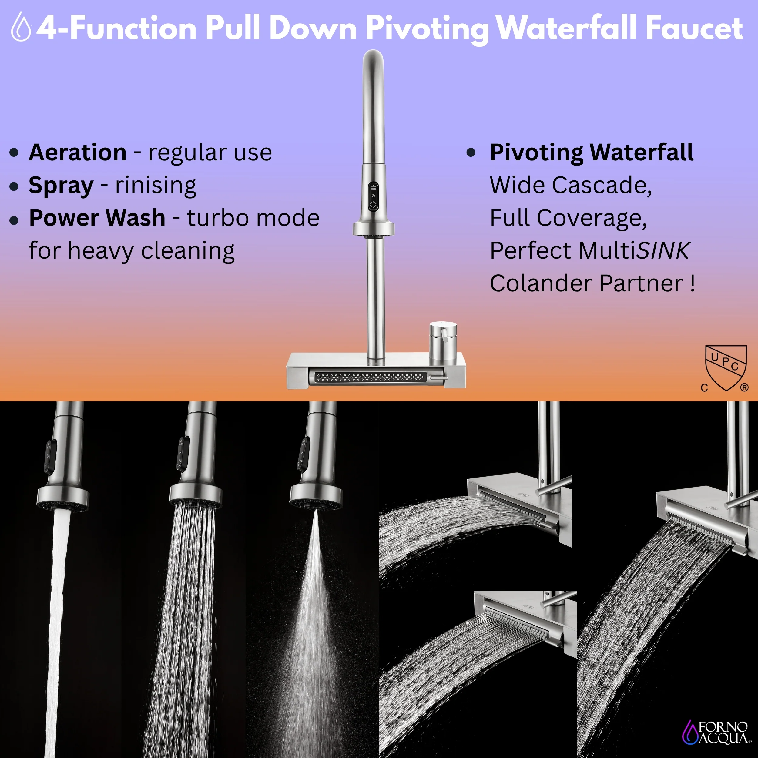 FORNO ACQUA 33 in. Drop-In/Undermount MultiSINK Workstation Sink with Waterfall Faucet & Glass Rinser - Image 4