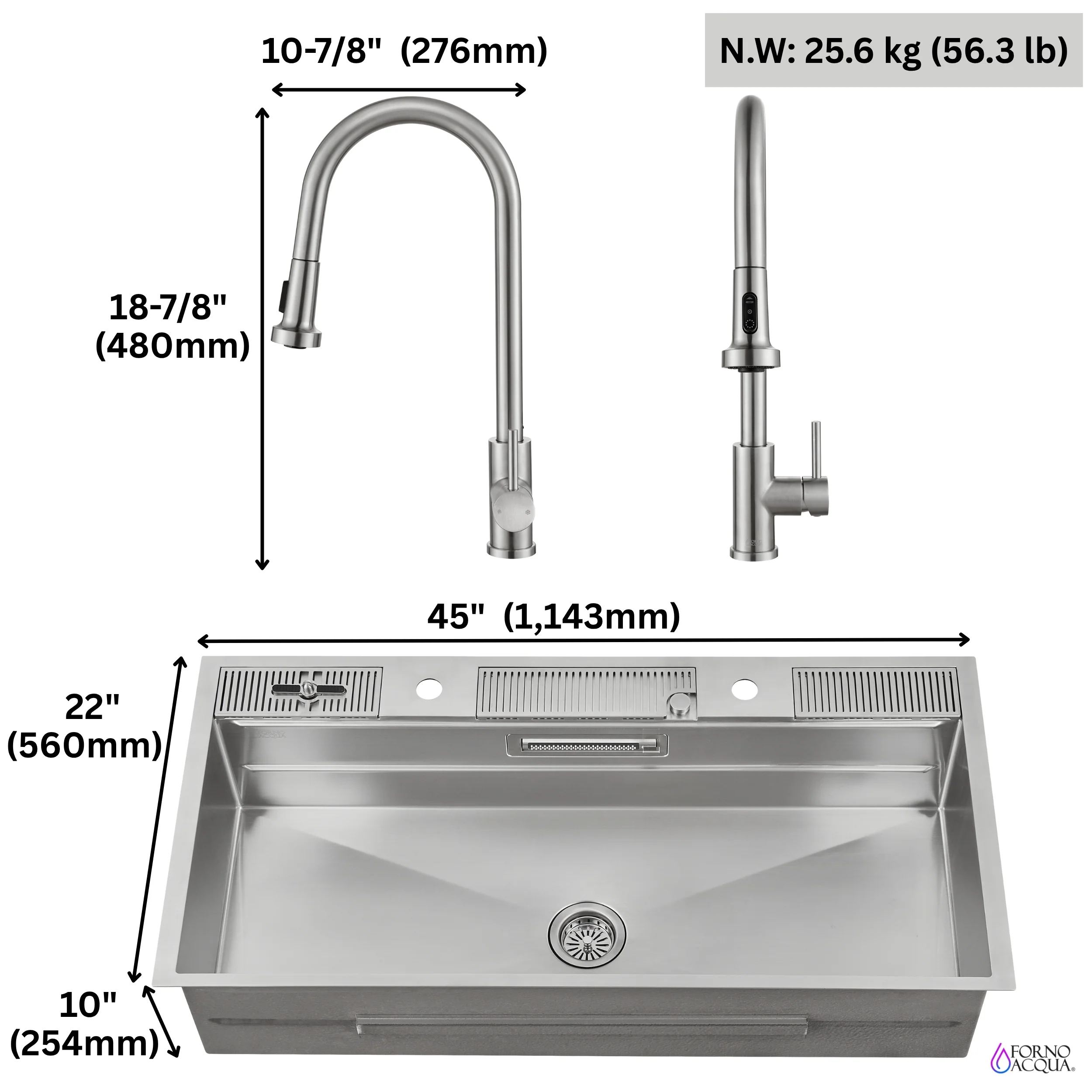 FORNO ACQUA 45 in. Drop-In/Undermount 3-Level Workstation Sink with Two Faucets & Glass Rinser - Image 17