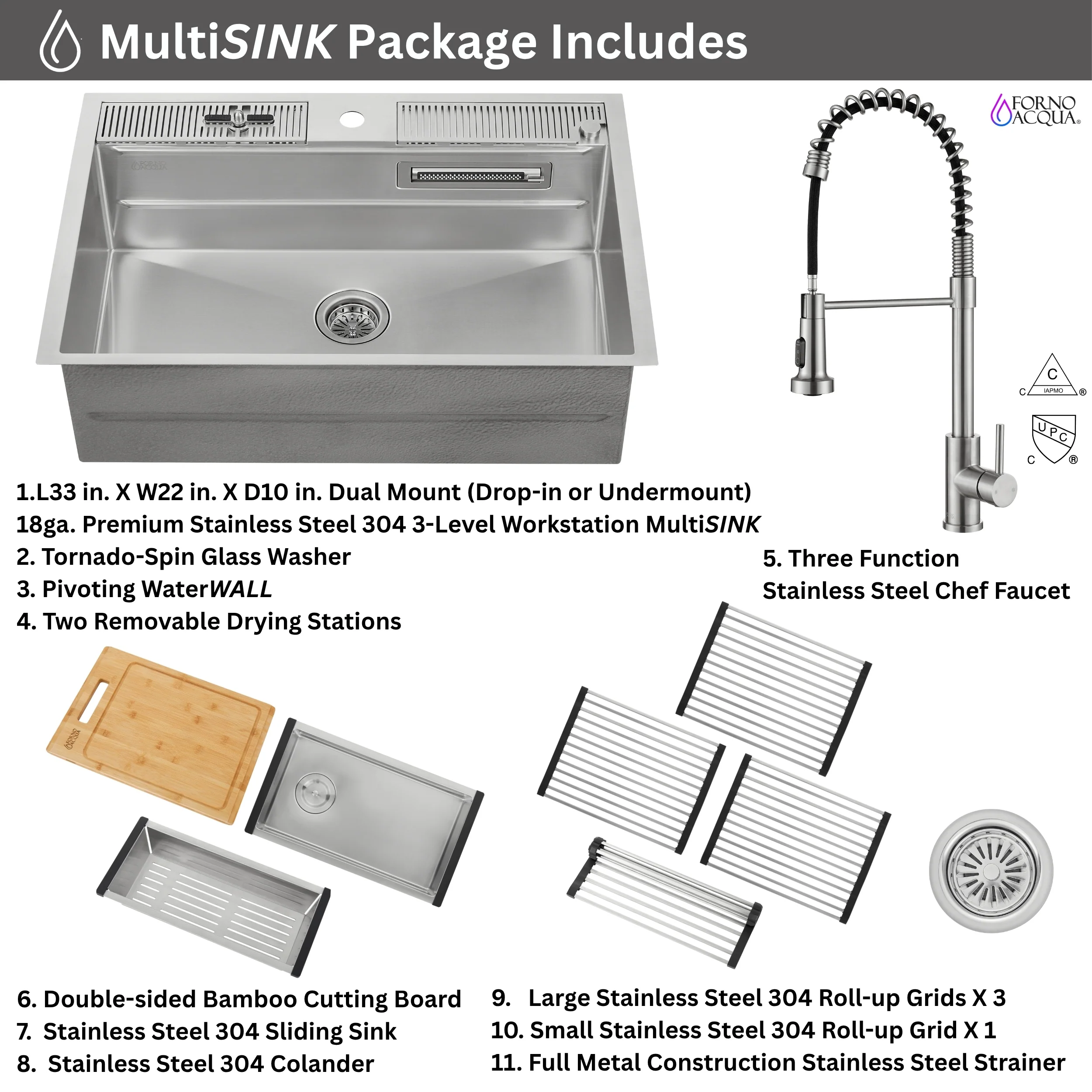 FORNO ACQUA MultiSINK kit with Integrated Waterfall Rinsing and Glass Washing Station. Includes Chef Faucet and Accessories. - Image 15