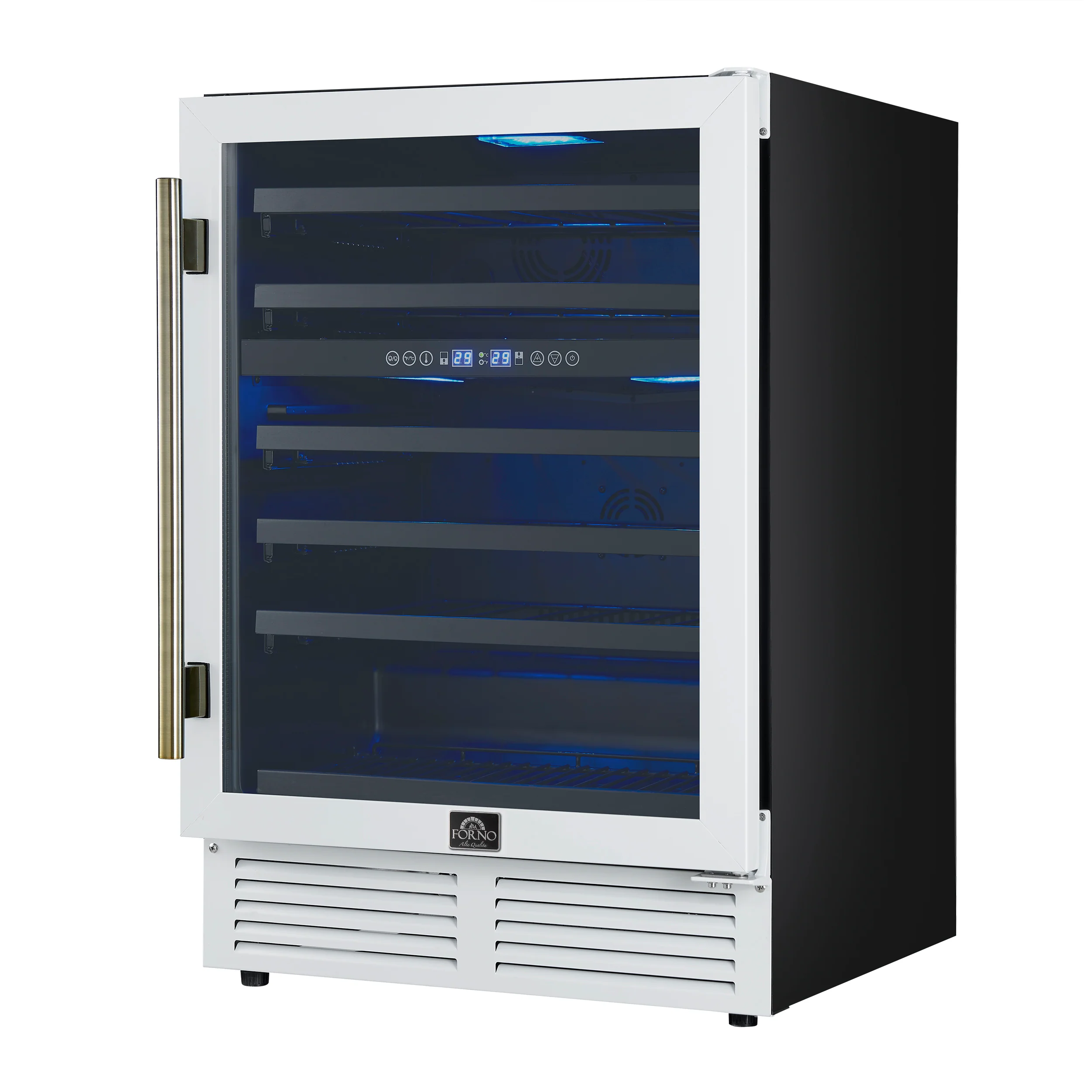Forno Bacchino 24 Inch Wine Cooler, White with Antique Brass Handles, with LED Lighting, Triple Glass Door, 51 Bottle Capacity, Built-In or Freestanding - Image 5