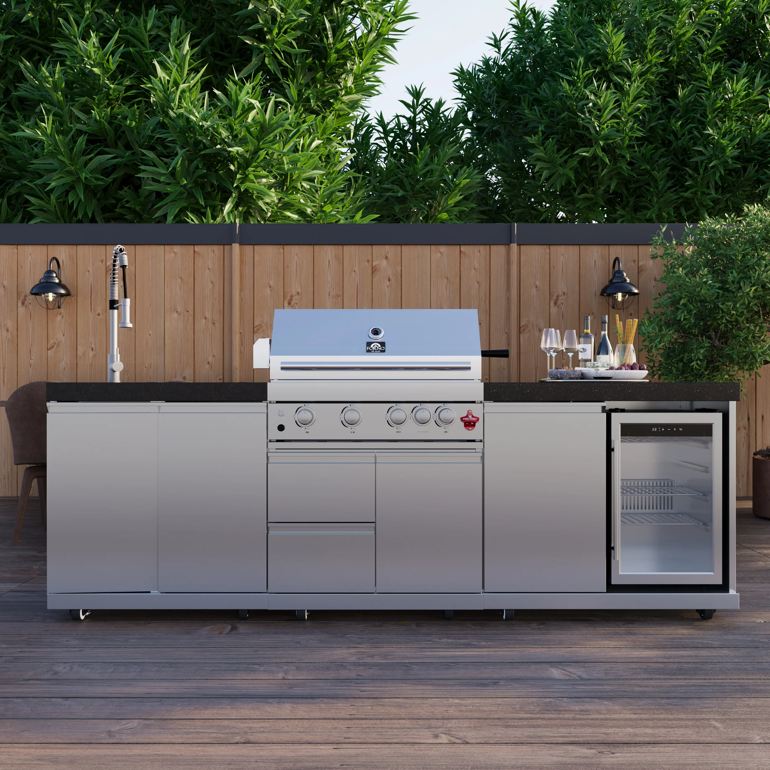 FORNO Bulnes 30-Inch BBQ, 60,000 BTU, 3 Burners with Sear & Rotisserie Infrared Burners, Stainless Steel Outdoor Kitchen with 1.8 cu.ft. Beverage Center & Black Granite Countertops - Image 8