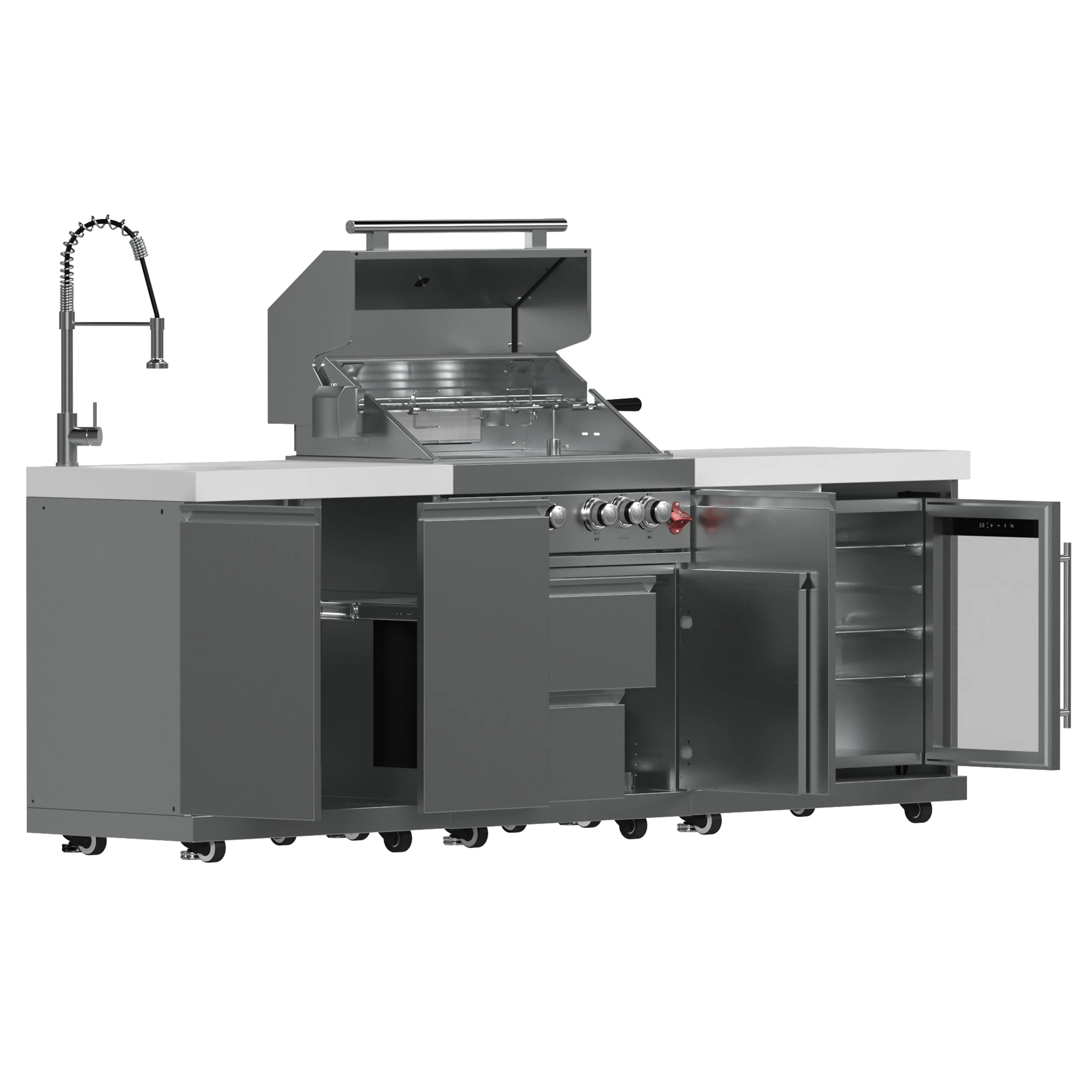 FORNO Bulnes 30-Inch BBQ, 60,000 BTU, 3 Burners with Sear & Rotisserie Infrared Burners, Stainless Steel Outdoor Kitchen with 1.8 cu.ft. Beverage Center & White Sintered Stone Countertops - Image 4