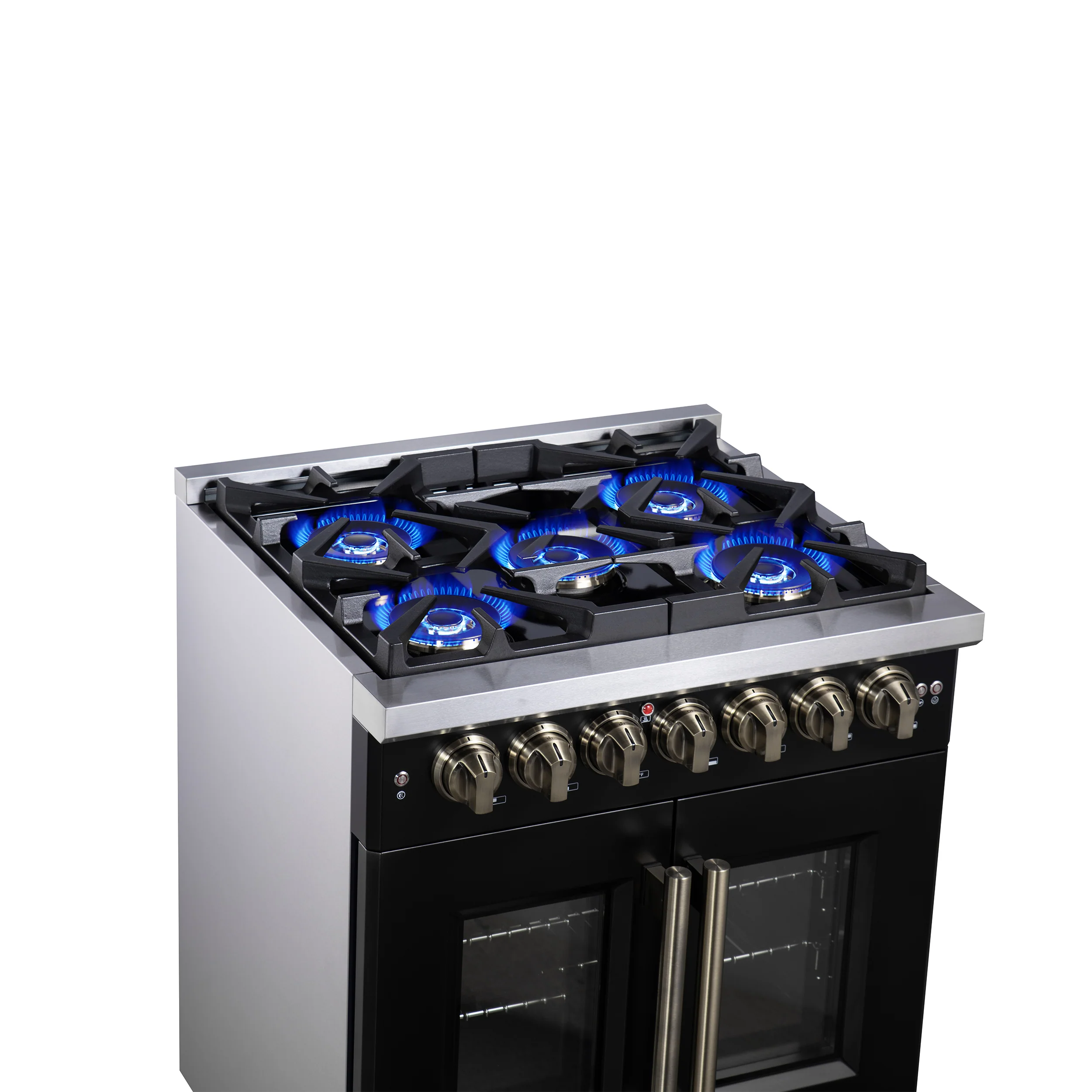 Forno Capriasca 30-Inch Freestanding French Door Dual Fuel Range in Black with Antique Brass Accessories, 5 Burners, True Convection Oven - Image 14