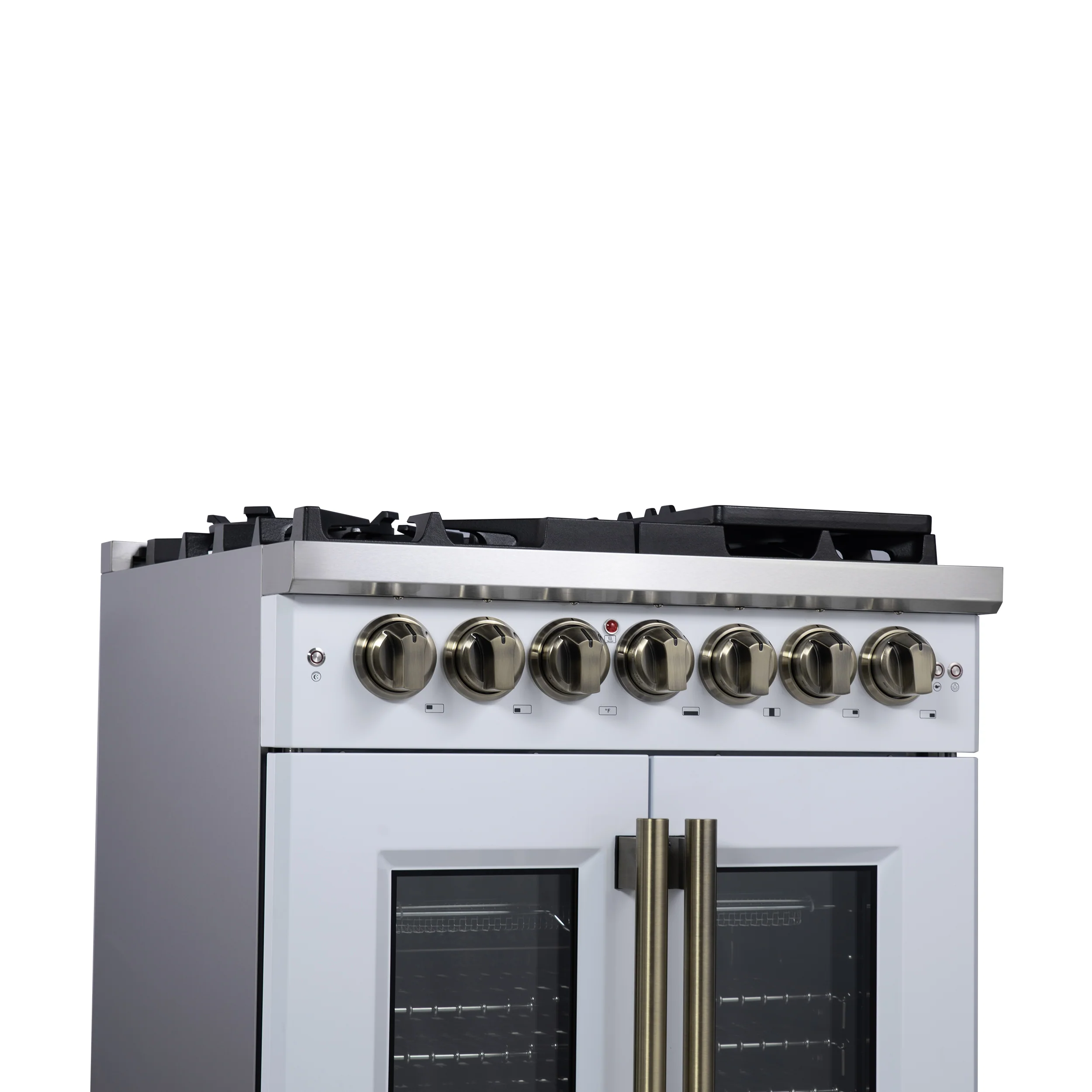 Forno Capriasca 30-Inch Freestanding French Door Dual Fuel Range in White with Antique Brass Accessories, 5 Burners, True Convection Oven - Image 5
