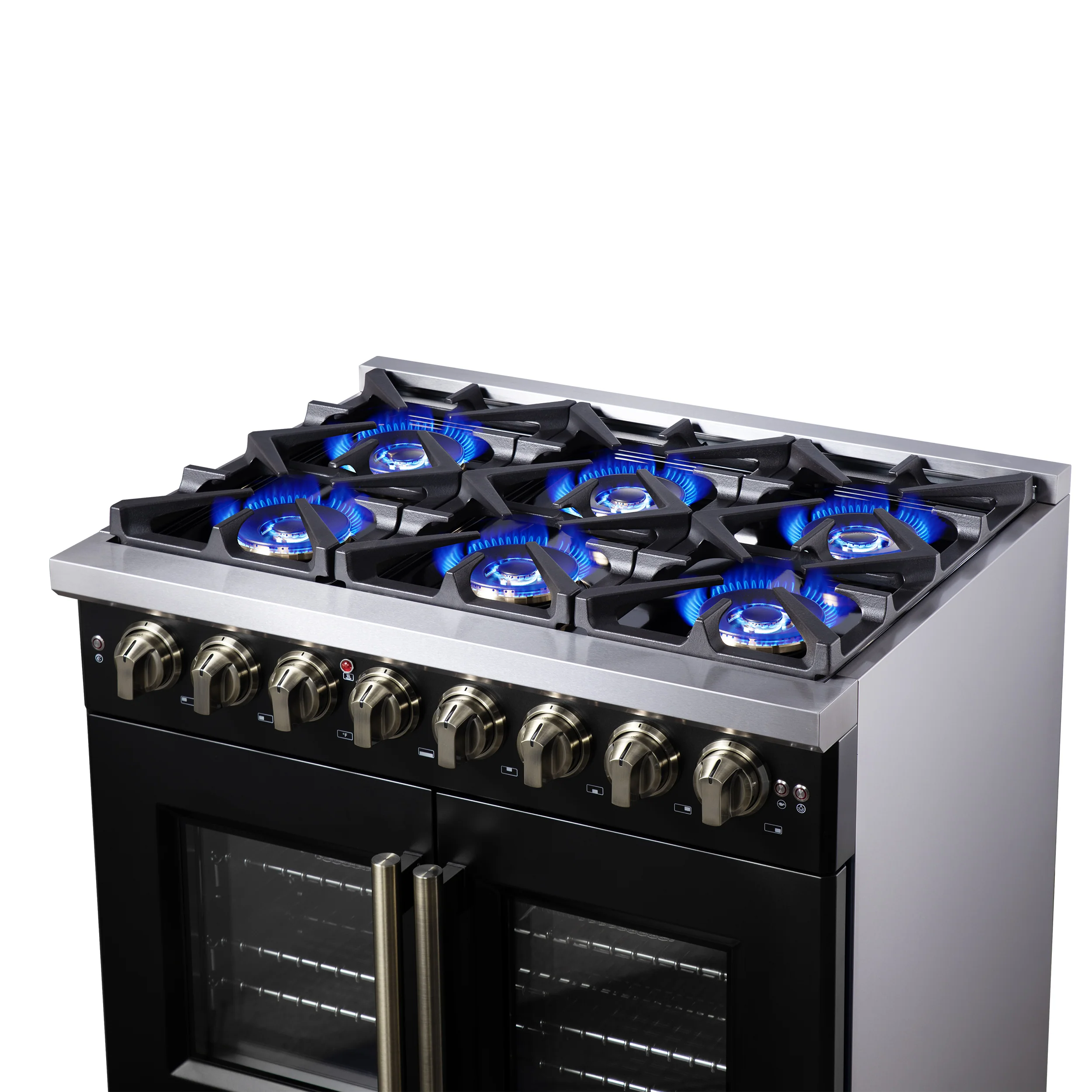 Forno Capriasca 36 Inch Freestanding French Door Dual Fuel Range in Black with Antique Brass Accessories, 6 Burners, True Convection Oven - Image 13
