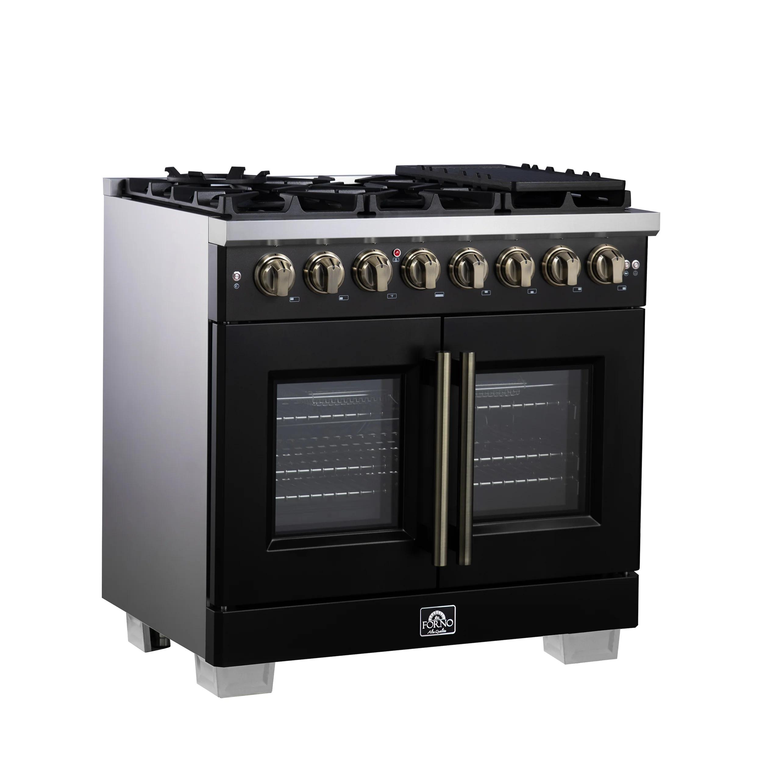 Forno Capriasca 36 Inch Freestanding French Door Dual Fuel Range in Black with Antique Brass Accessories, 6 Burners, True Convection Oven - Image 3