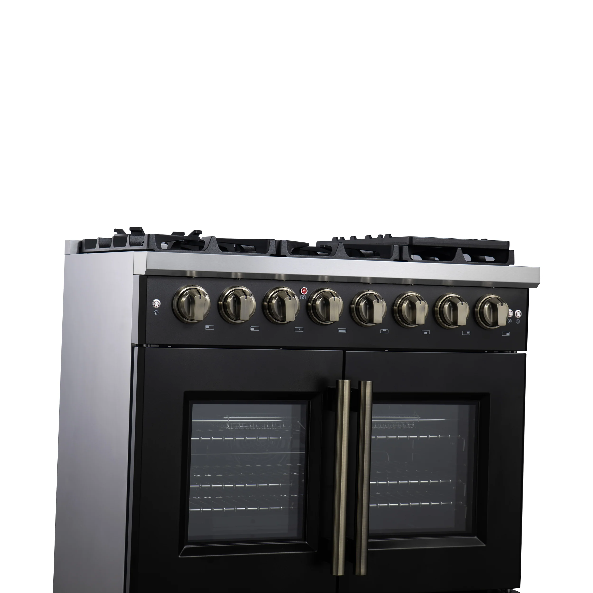 Forno Capriasca 36 Inch Freestanding French Door Dual Fuel Range in Black with Antique Brass Accessories, 6 Burners, True Convection Oven - Image 6