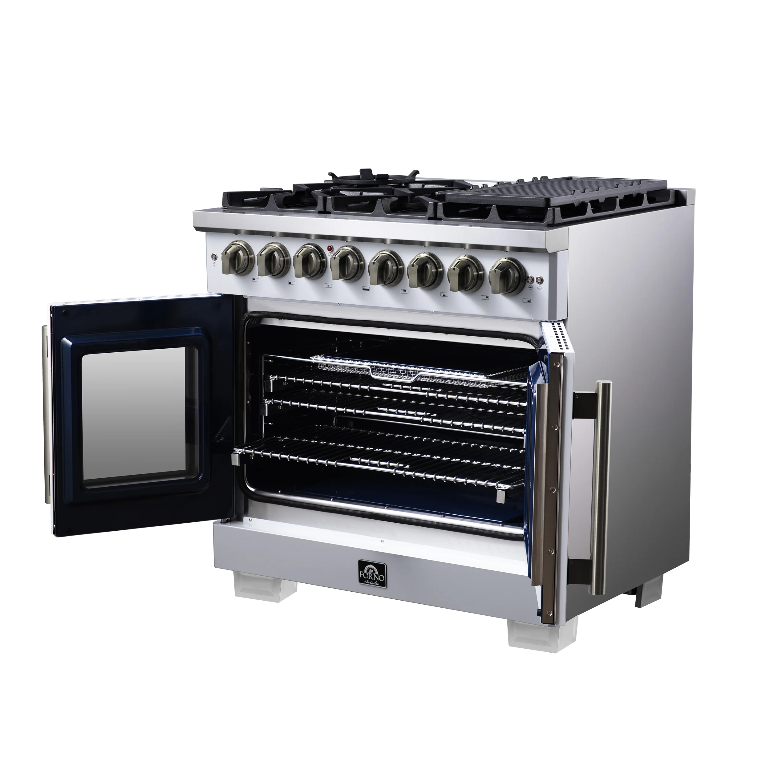 Forno Capriasca 36 Inch Freestanding French Door Dual Fuel Range in White with Antique Brass Accessories, 6 Burners, True Convection Oven - Image 8