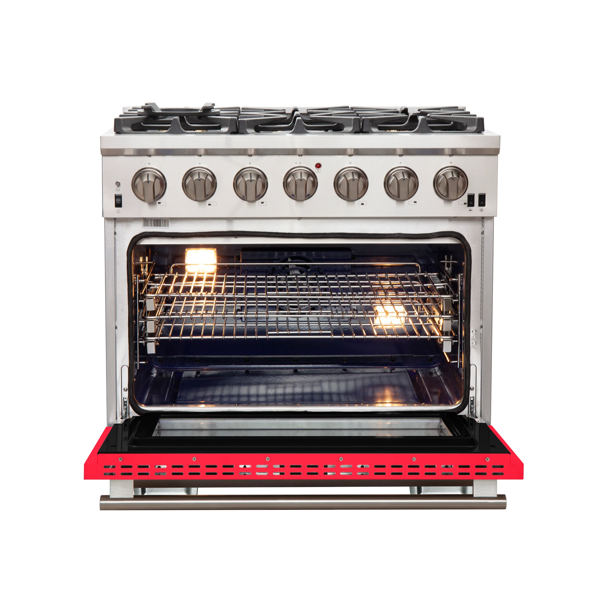 Forno Capriasca 36-Inch Gas Range, Stainless Steel, 6 Brass Burners, 120,000 BTU, Convection Oven, Energy Efficient, Red Door - Image 2