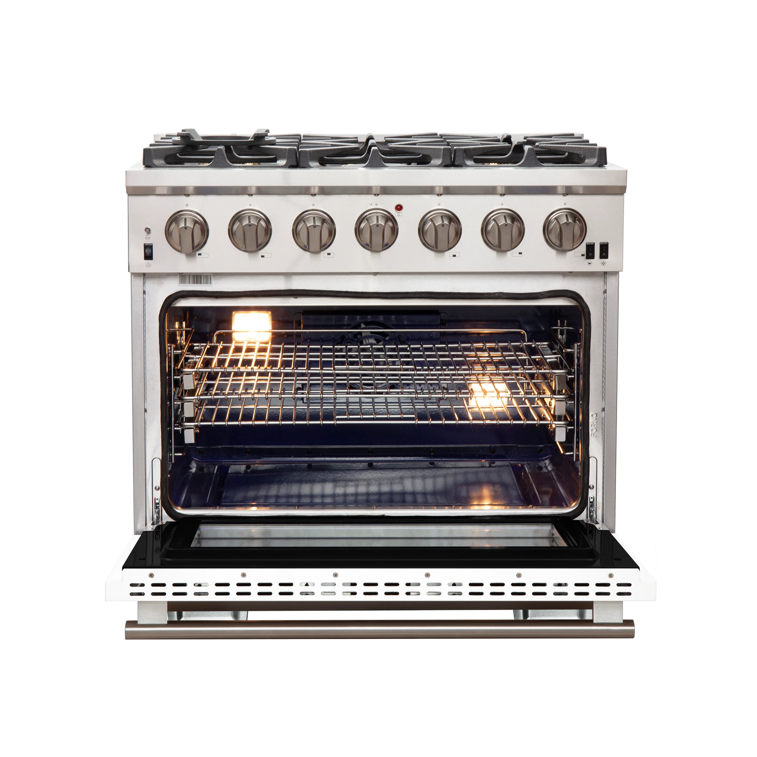 Forno Capriasca 36-Inch Gas Range, Stainless Steel, 6 Brass Burners, 120,000 BTU, Convection Oven, Energy Efficient, White Door - Image 2
