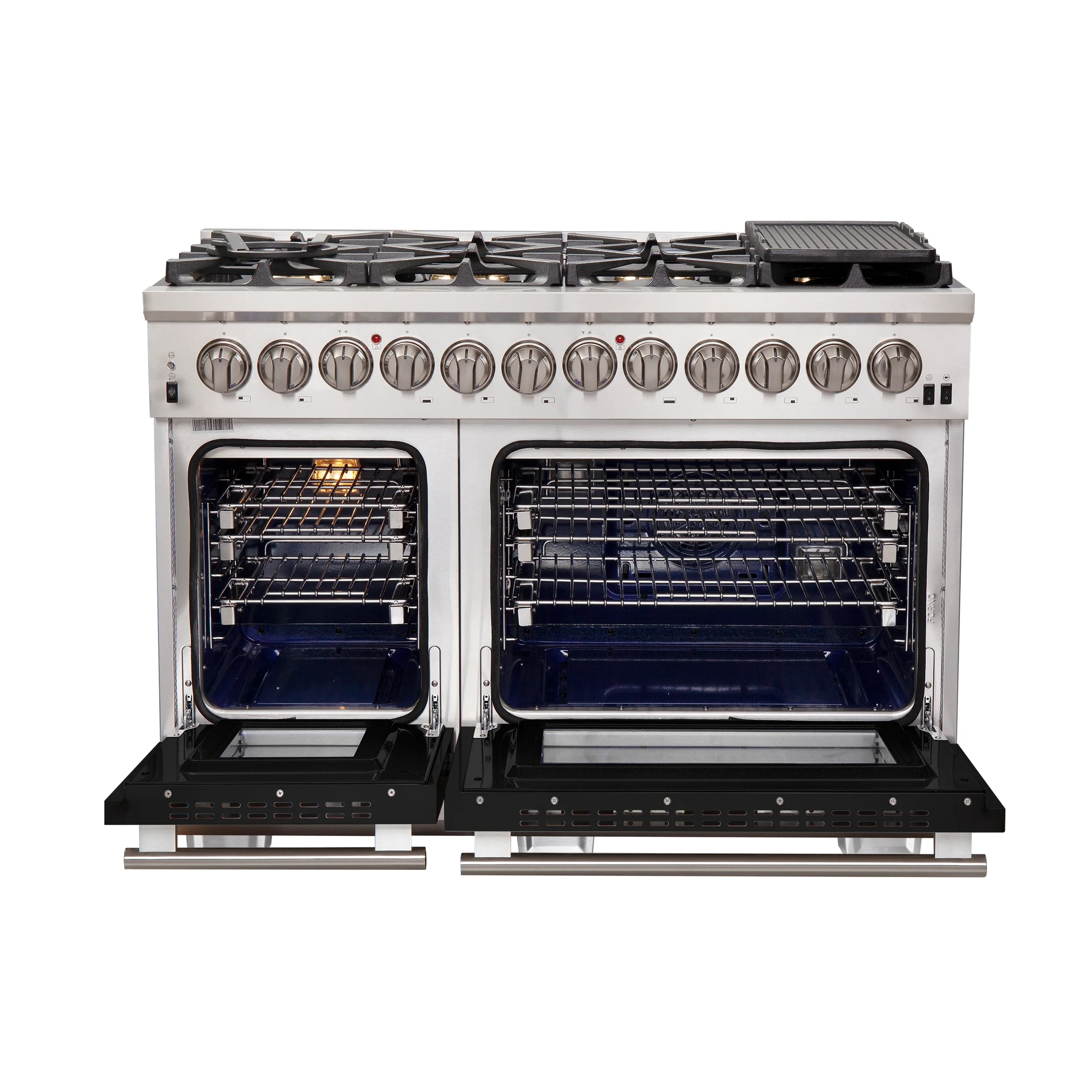 Forno Capriasca 48-Inch Freestanding Dual Fuel Range, 8 Burners, True Convection Oven, Black Doors - Image 2