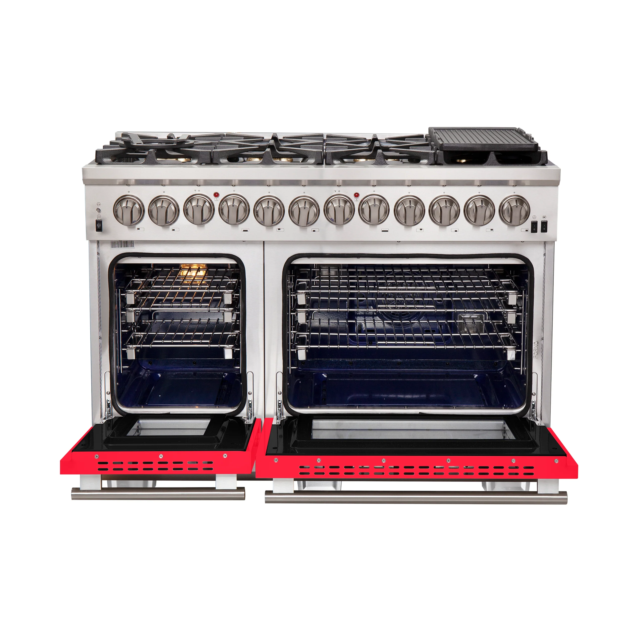 Forno Capriasca 48-Inch Freestanding Dual Fuel Range, 8 Burners, True Convection Oven, Red Doors - Image 2