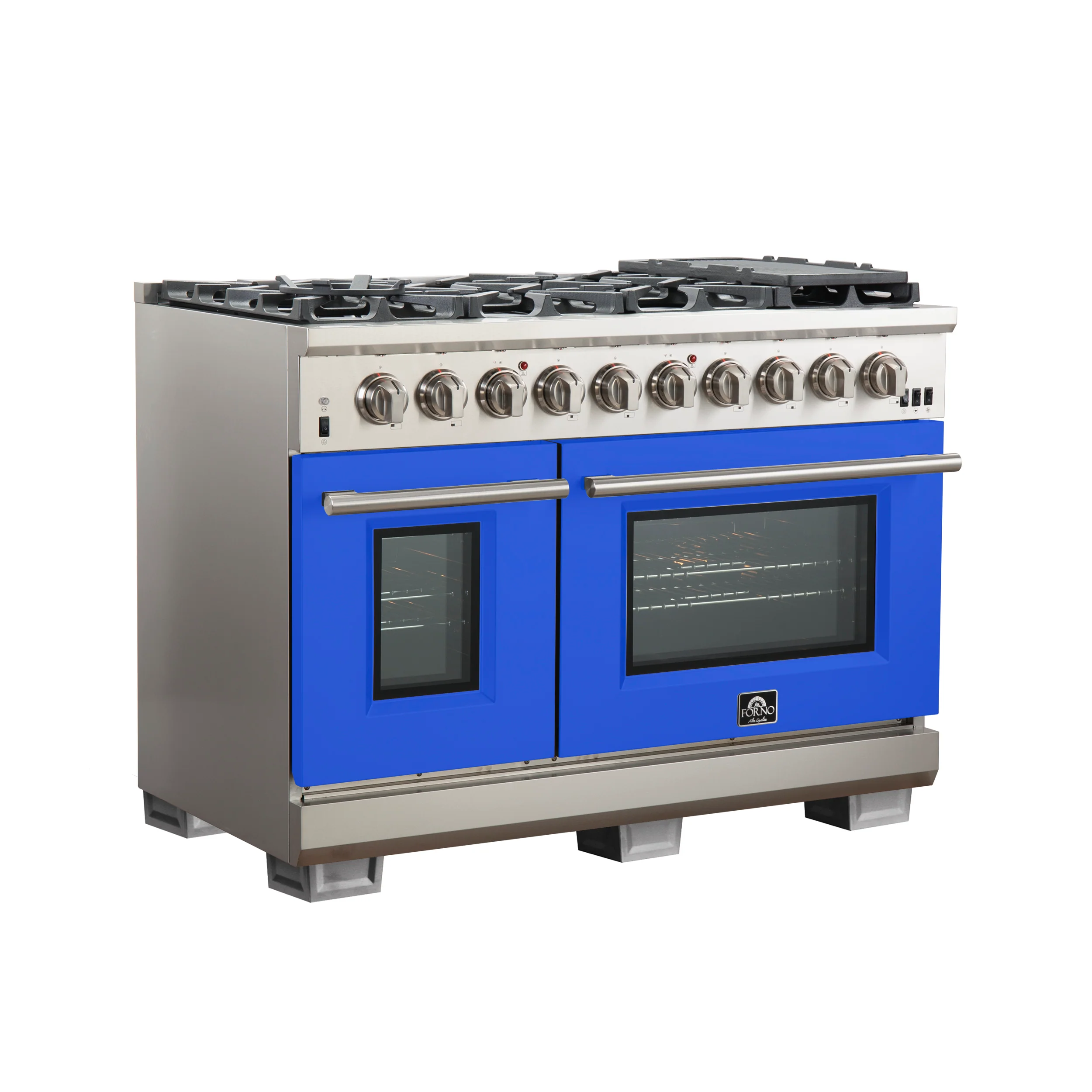 FORNO Capriasca 48-inch Gas Range Stainless Steel, 8 Brass Burners 160,000 BTU, 6.58 cu.ft. Double Oven, Blue Doors - Image 3