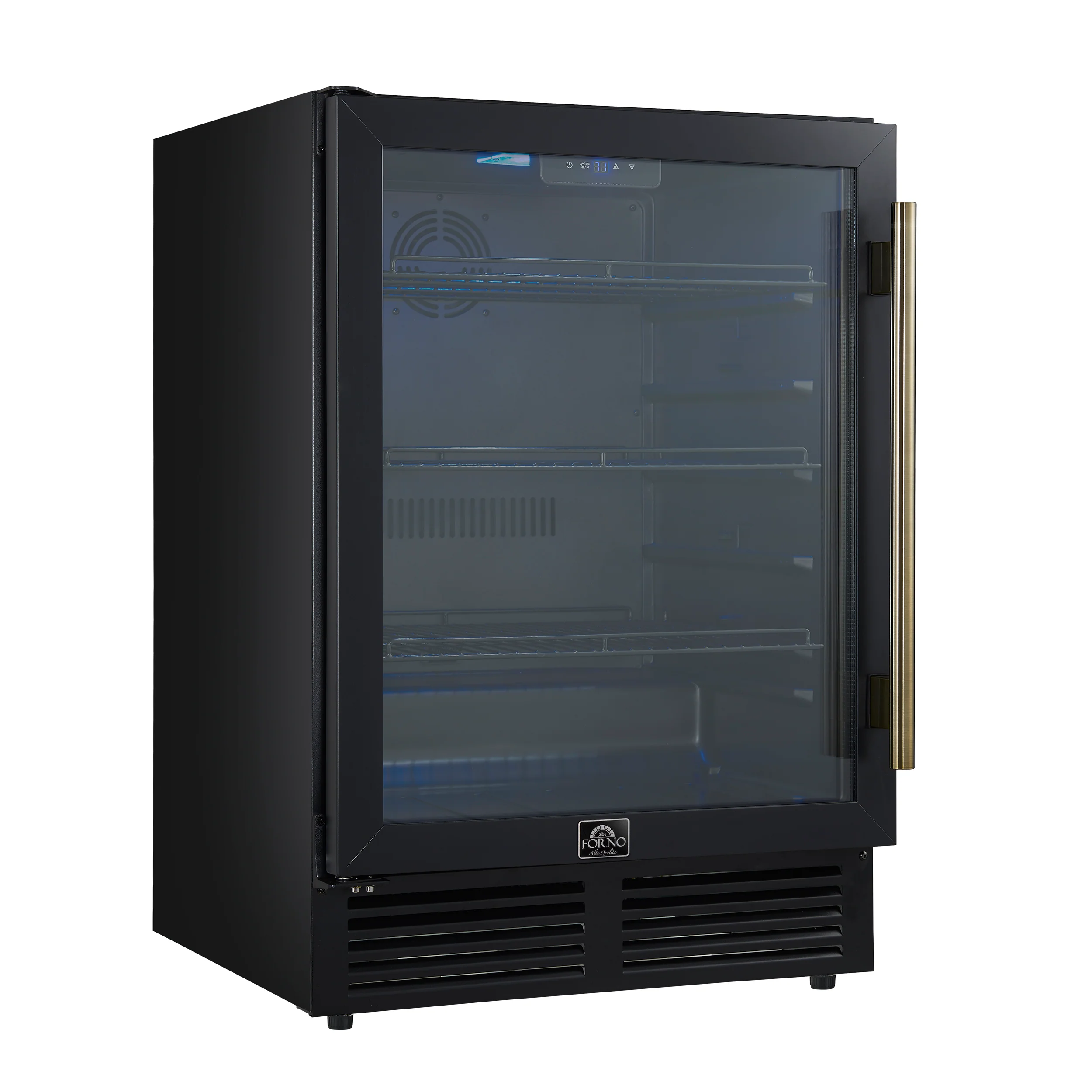 Forno Frescolino 24 Inch Beverage Cooler, Black with Antique Brass Handles, with LED Lighting, Triple Glass Door, 188 Can Capacity, Built-In or Freestanding - Image 9