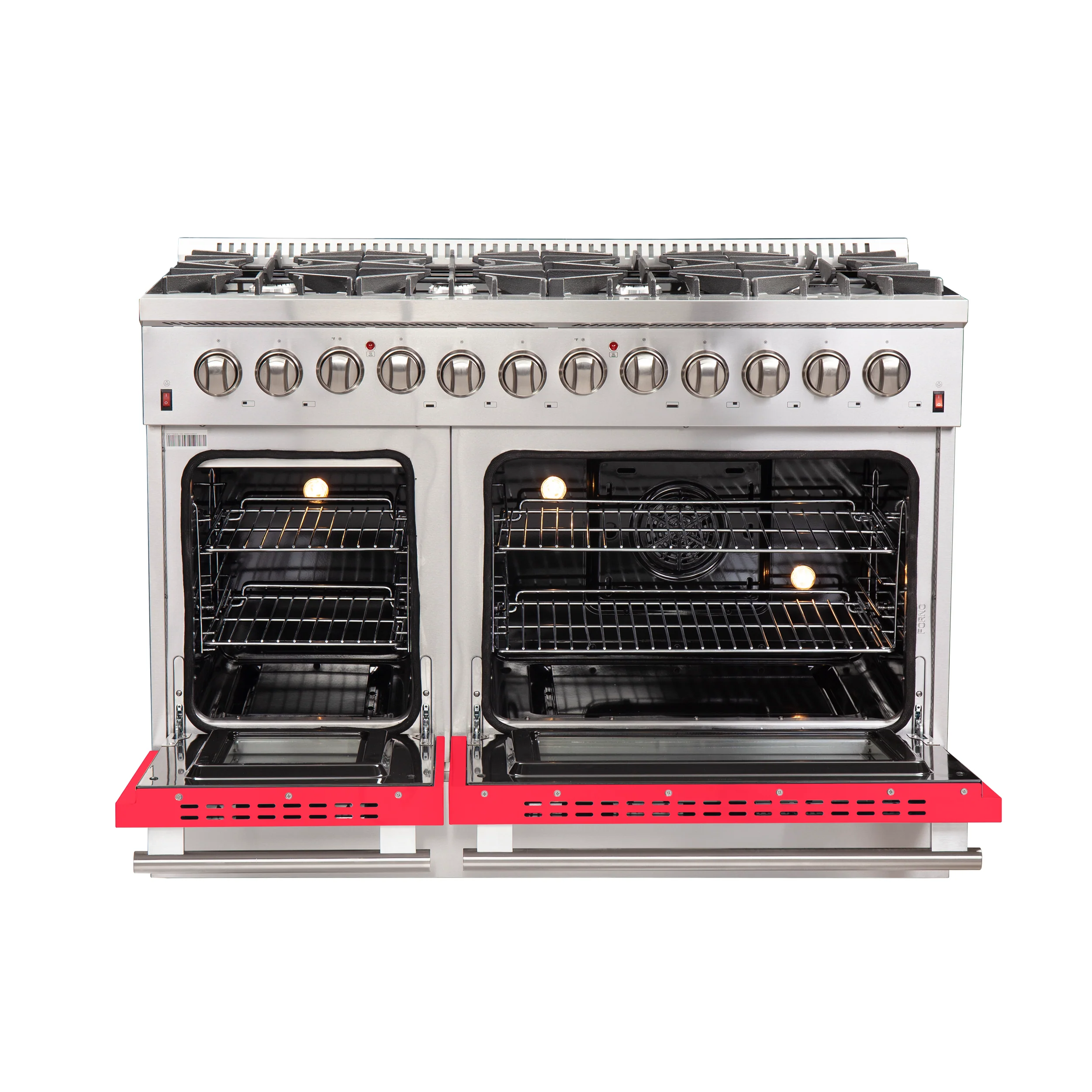 Forno Galiano 48-Inch Freestanding Dual Fuel Range, 8 Burners, Double Convection Ovens, Red Doors - Image 2
