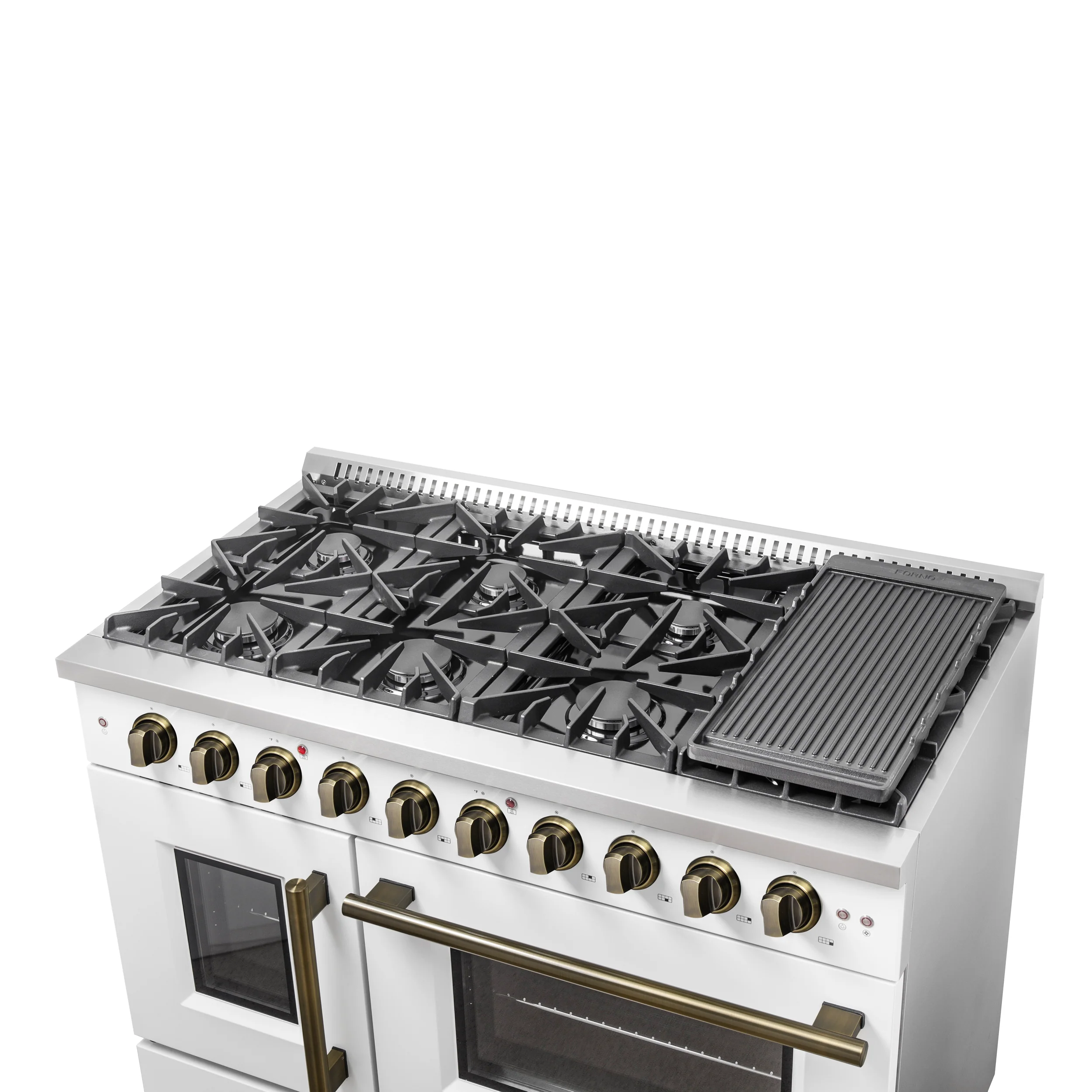 Forno Galiano 48-Inch Freestanding French Door Gas Range, White & Antique Brass - Image 10