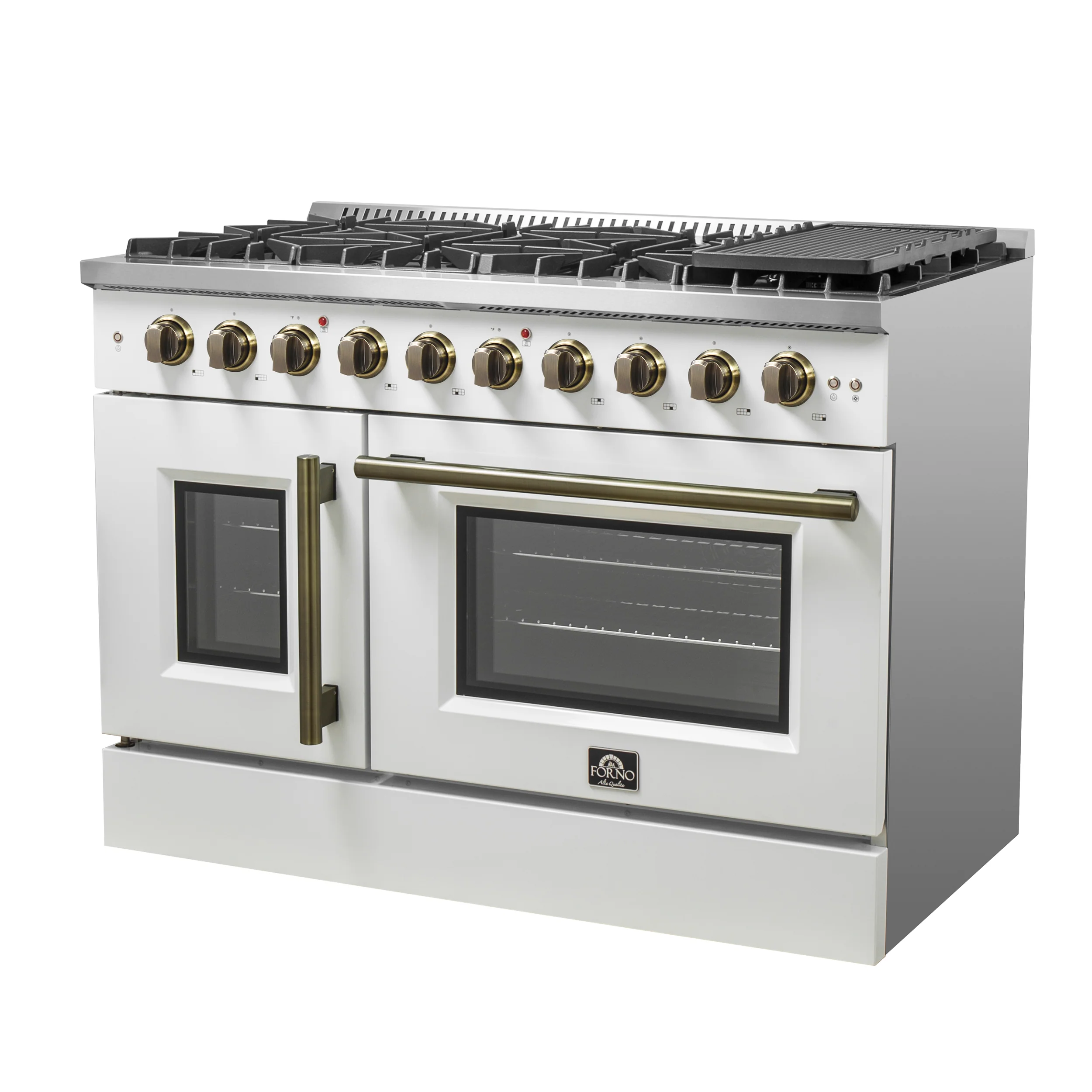 Forno Galiano 48-Inch Freestanding French Door Gas Range, White & Antique Brass - Image 11