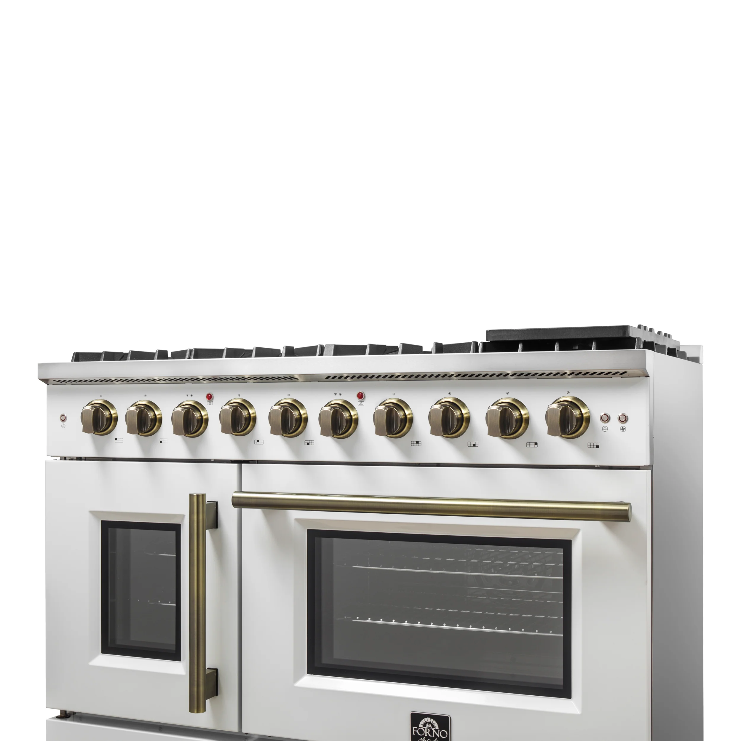 Forno Galiano 48-Inch Freestanding French Door Gas Range, White & Antique Brass - Image 12