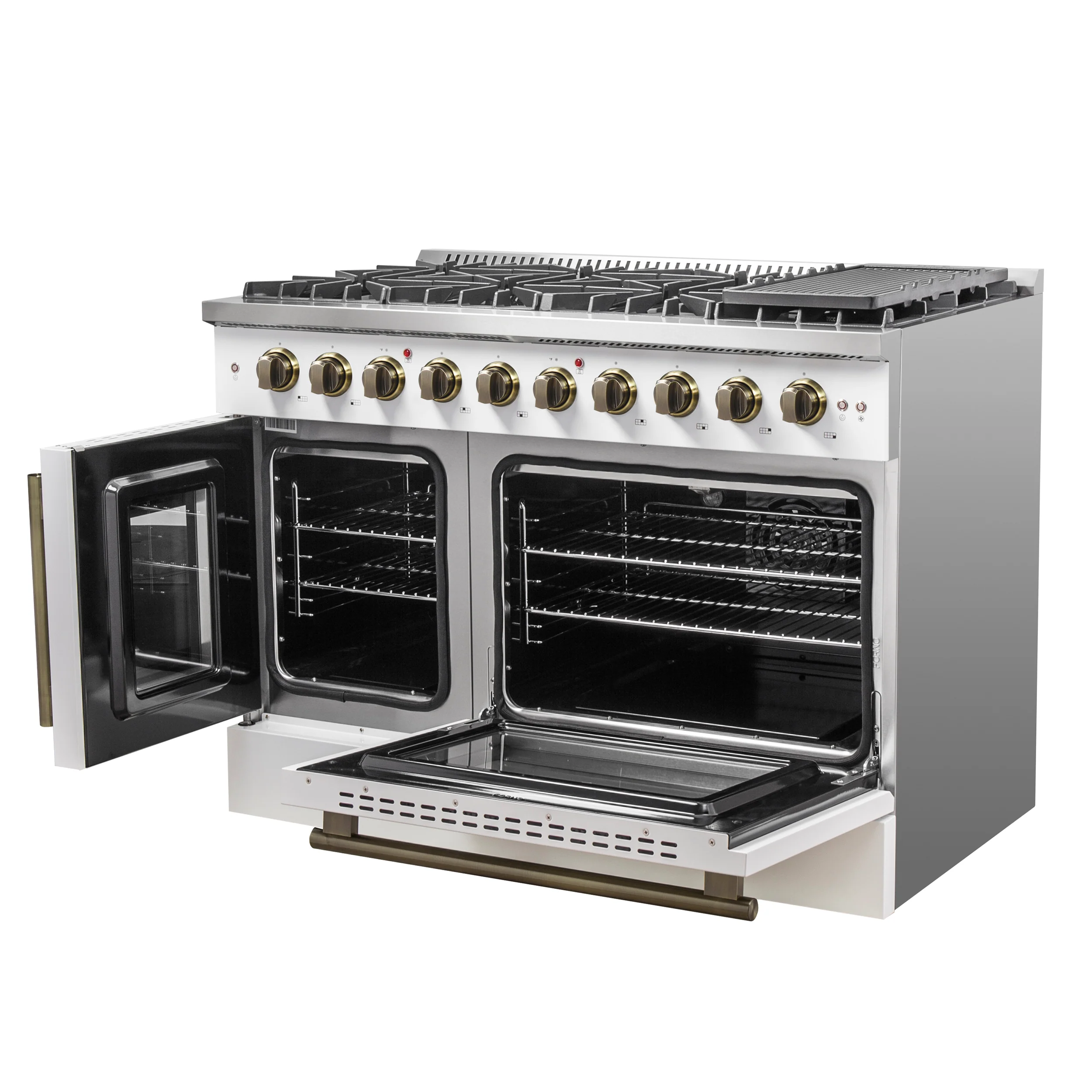 Forno Galiano 48-Inch Freestanding French Door Gas Range, White & Antique Brass - Image 13