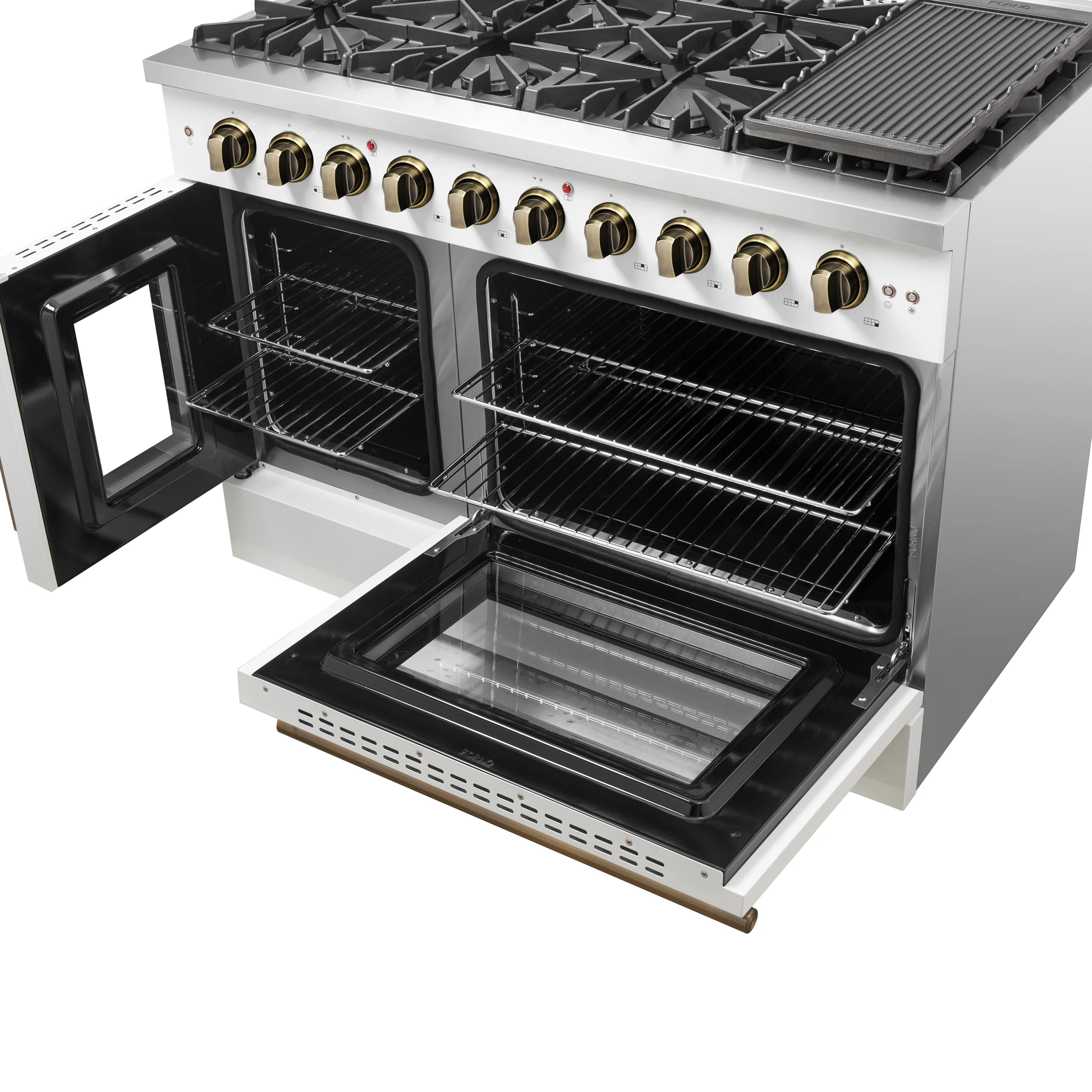 Forno Galiano 48-Inch Freestanding French Door Gas Range, White & Antique Brass - Image 14
