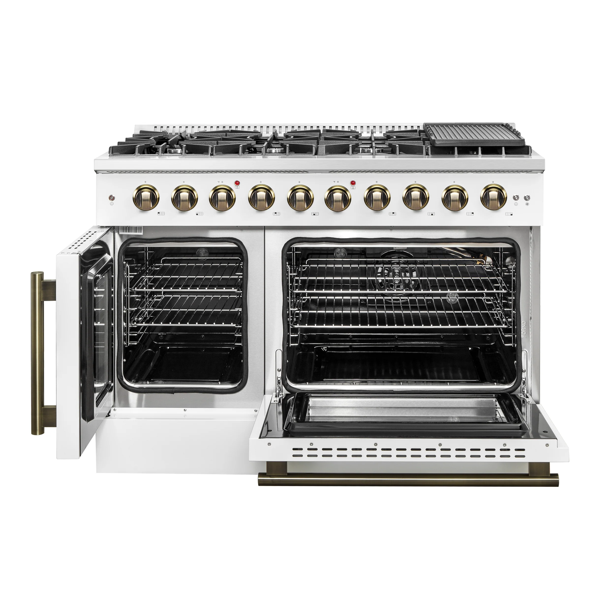 Forno Galiano 48-Inch Freestanding French Door Gas Range, White & Antique Brass - Image 2