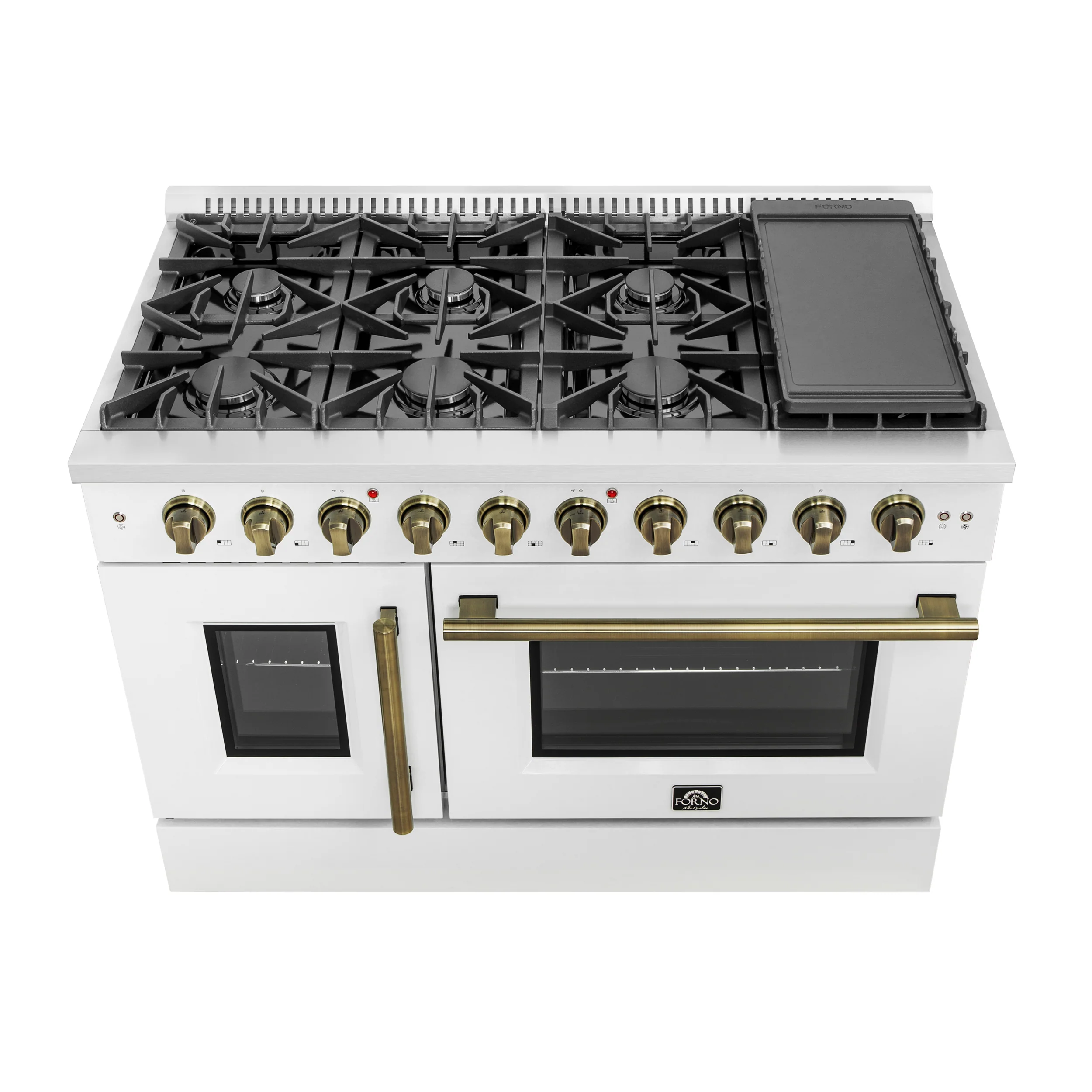 Forno Galiano 48-Inch Freestanding French Door Gas Range, White & Antique Brass - Image 4