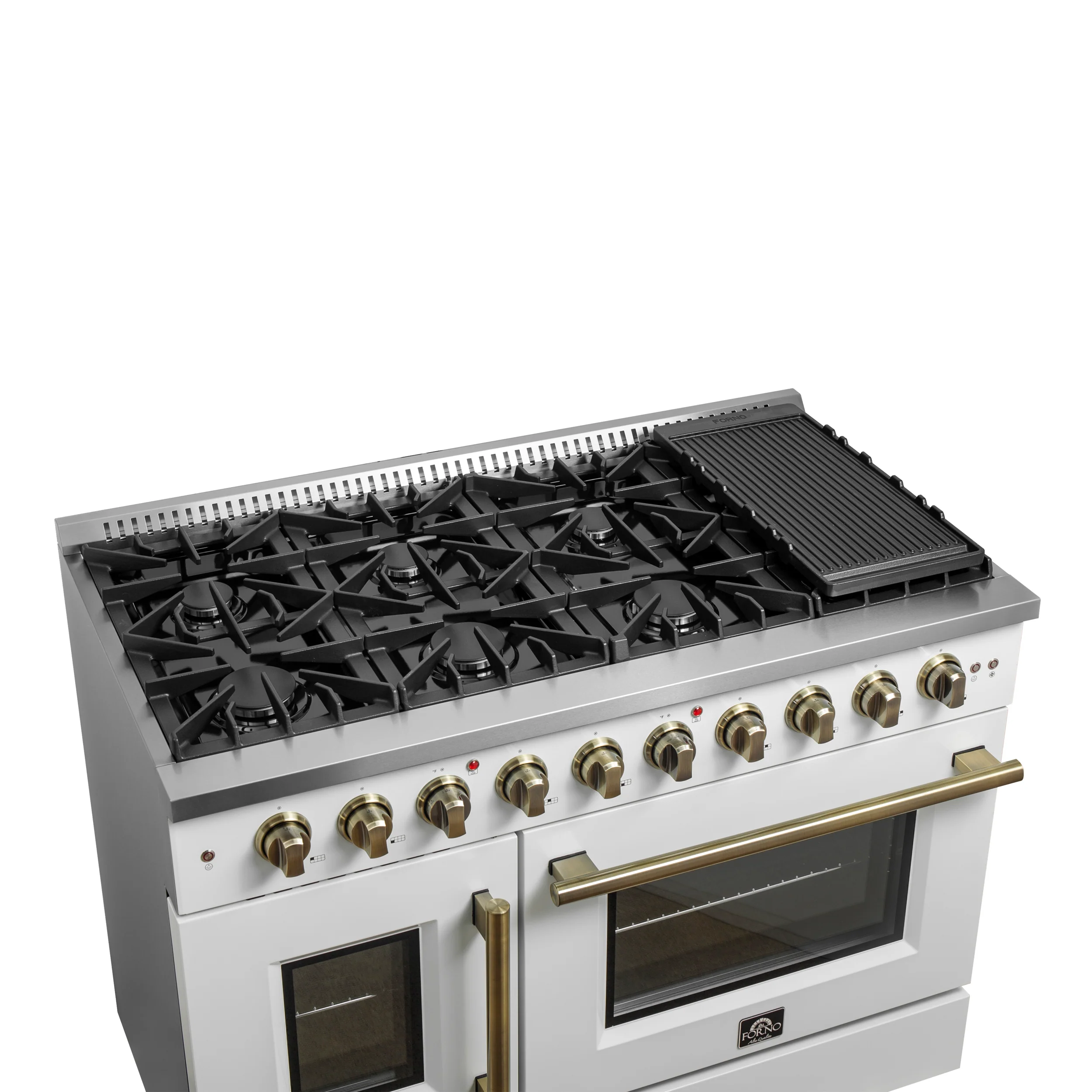 Forno Galiano 48-Inch Freestanding French Door Gas Range, White & Antique Brass - Image 5