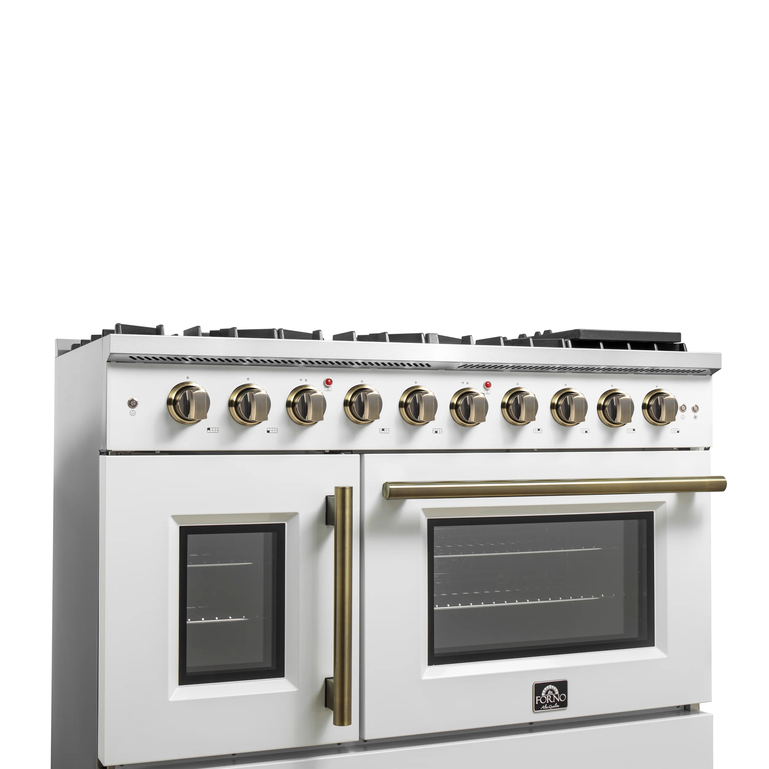 Forno Galiano 48-Inch Freestanding French Door Gas Range, White & Antique Brass - Image 6