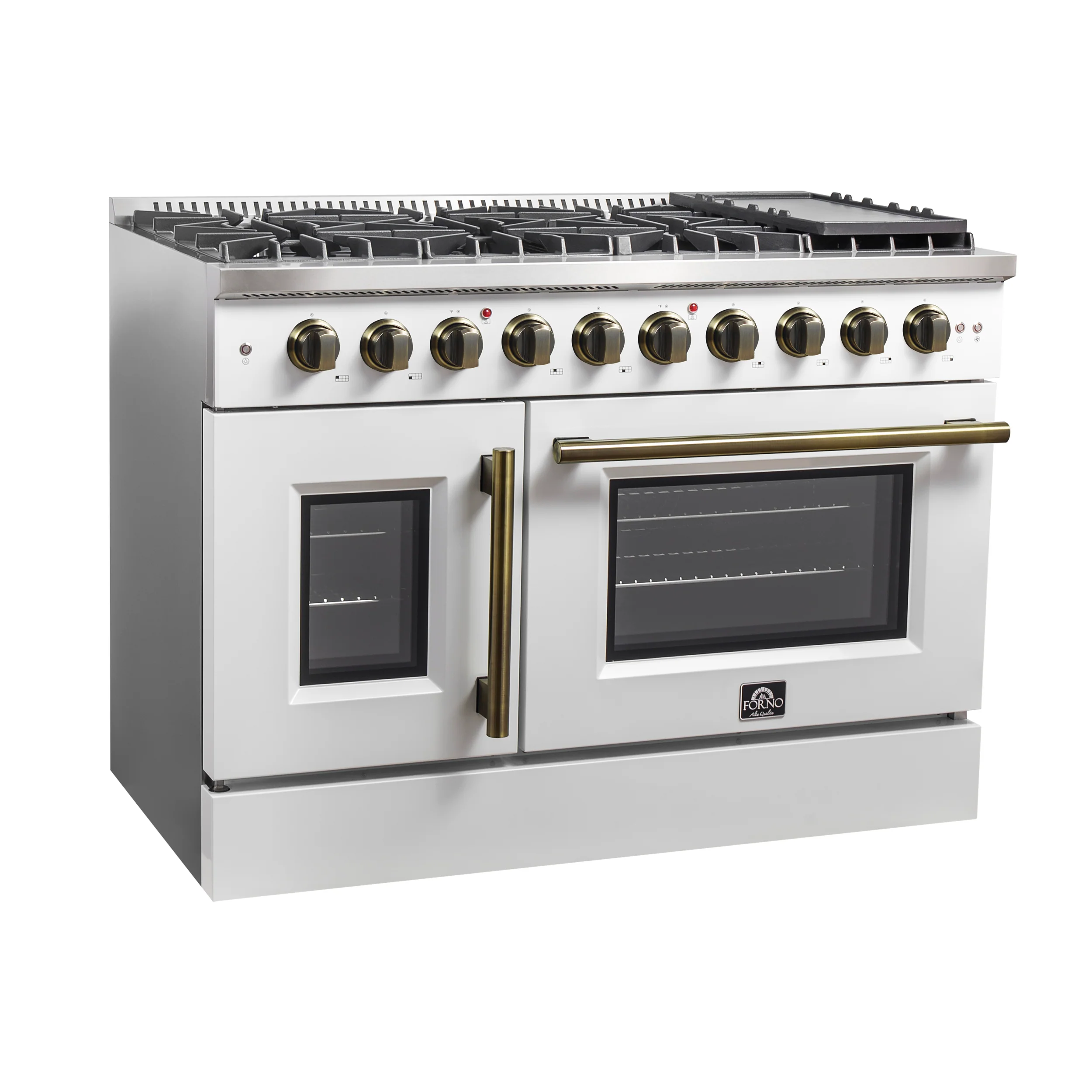 Forno Galiano 48-Inch Freestanding French Door Gas Range, White & Antique Brass - Image 7