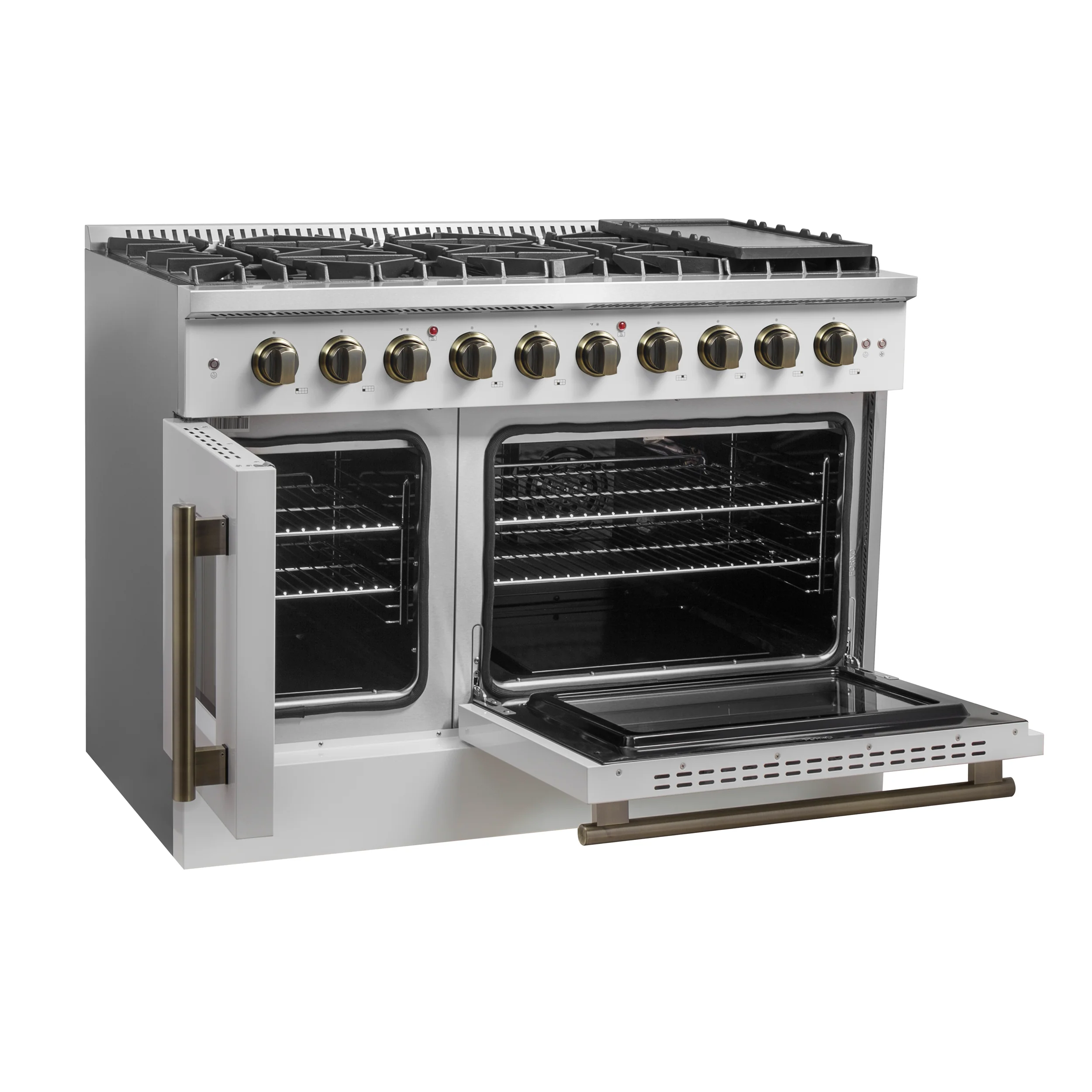 Forno Galiano 48-Inch Freestanding French Door Gas Range, White & Antique Brass - Image 8