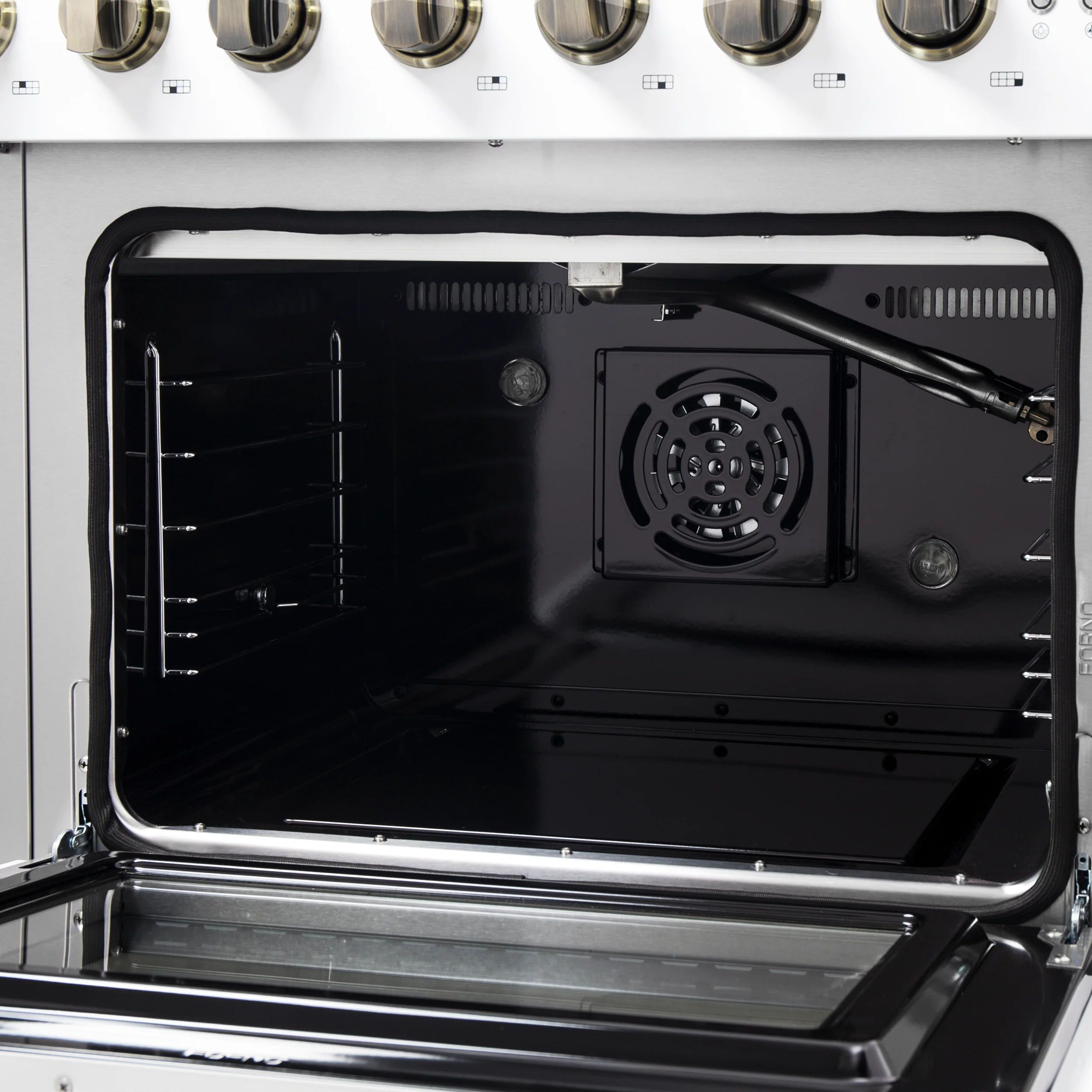 Forno Galiano 48-Inch Freestanding French Door Gas Range, White & Antique Brass - Image 9