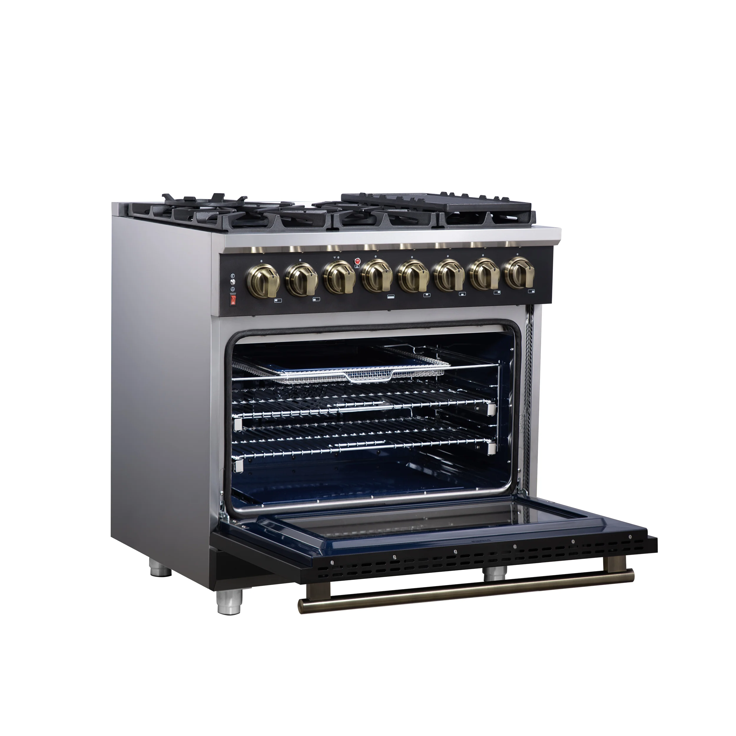 Forno Massimo 36 Inch Freestanding Dual Fuel Range in Black with Antique Brass Accessories, 6 Burners, 5.36 cu. ft. Convection Oven - Image 4