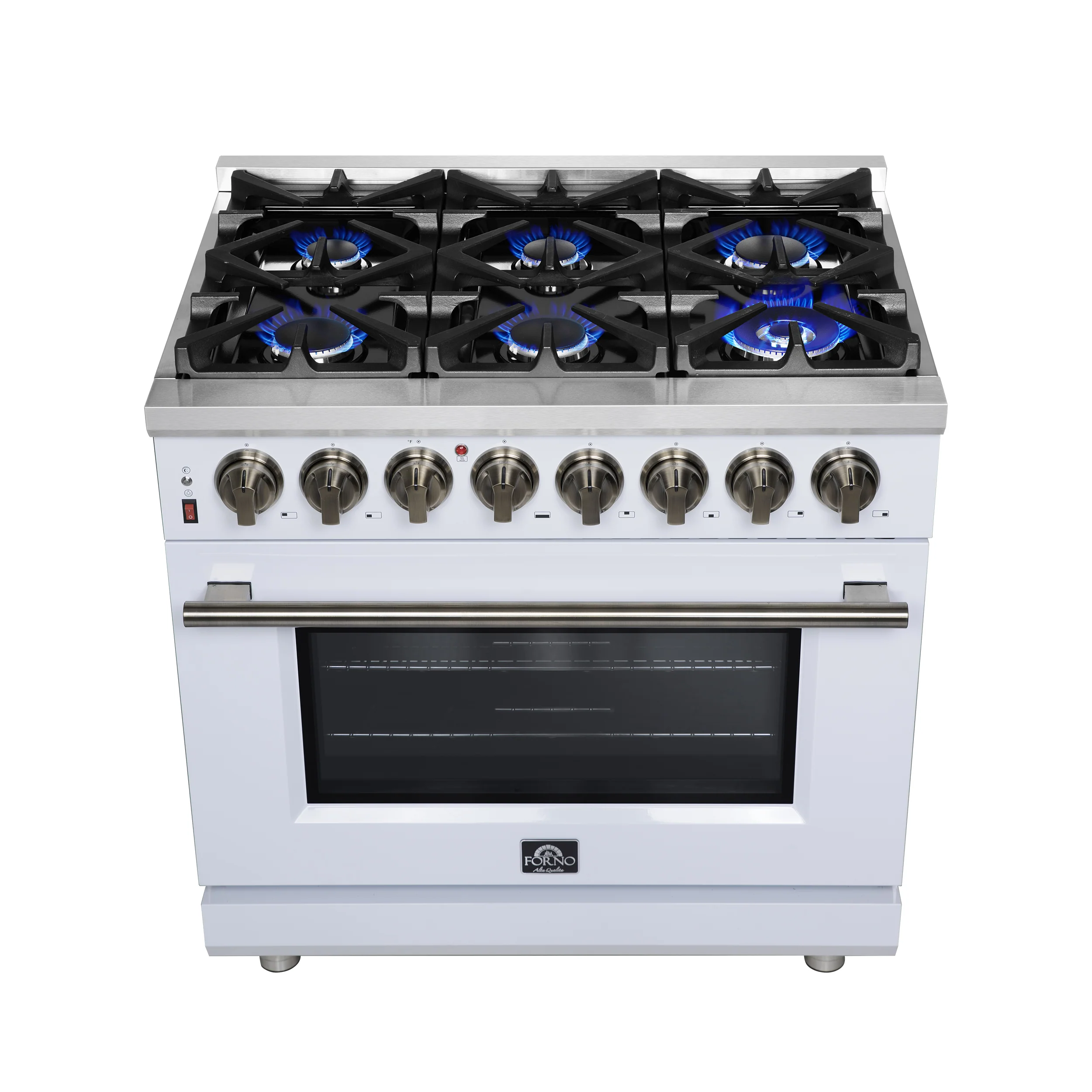 Forno Massimo 36 Inch Freestanding Dual Fuel Range in White with Antique Brass Accessories, 6 Burners, 5.36 cu. ft. Convection Oven - Image 11
