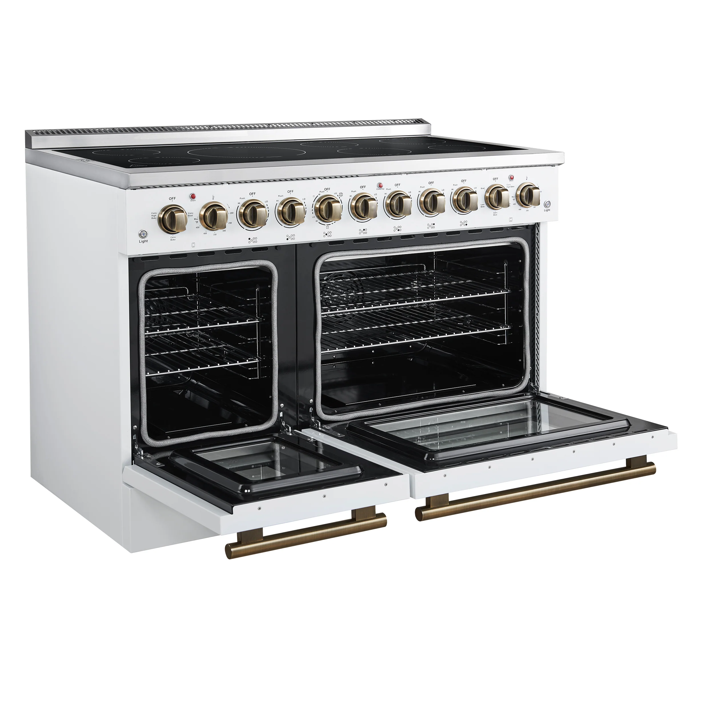 Forno Paolo 48 Inch Freestanding Electric Range in White with Antique Brass, 6.7 cu.ft, True Convection Oven, Energy Efficient - Image 4