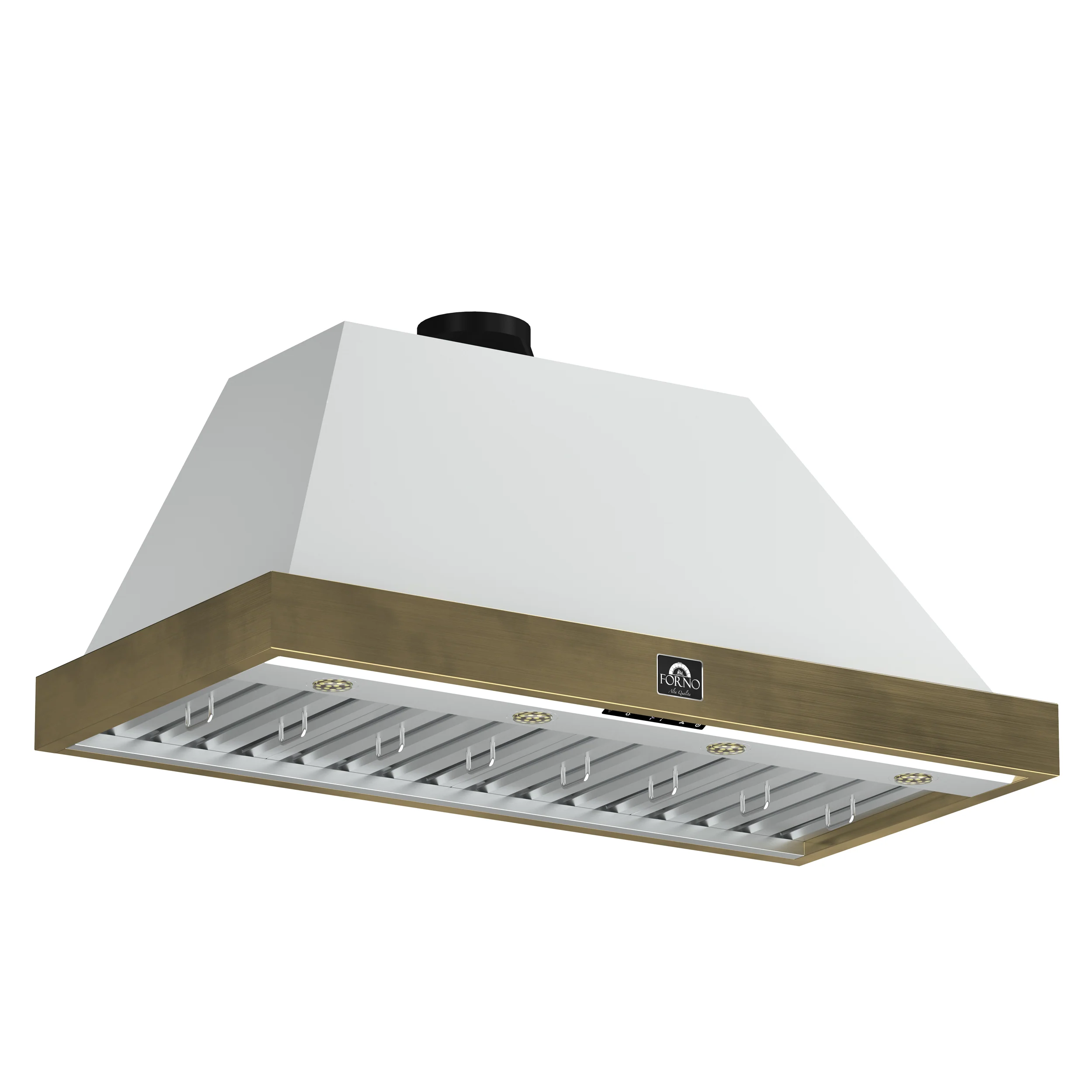 Forno Vittorio 48-Inch Wall Mount Range Hood, White with Antique Brass Trim, 600 CFM Airflow, Dishwasher-Safe Baffle Filters, Remote Control, 3-Speed Fan, Bright LED Lighting - Image 2