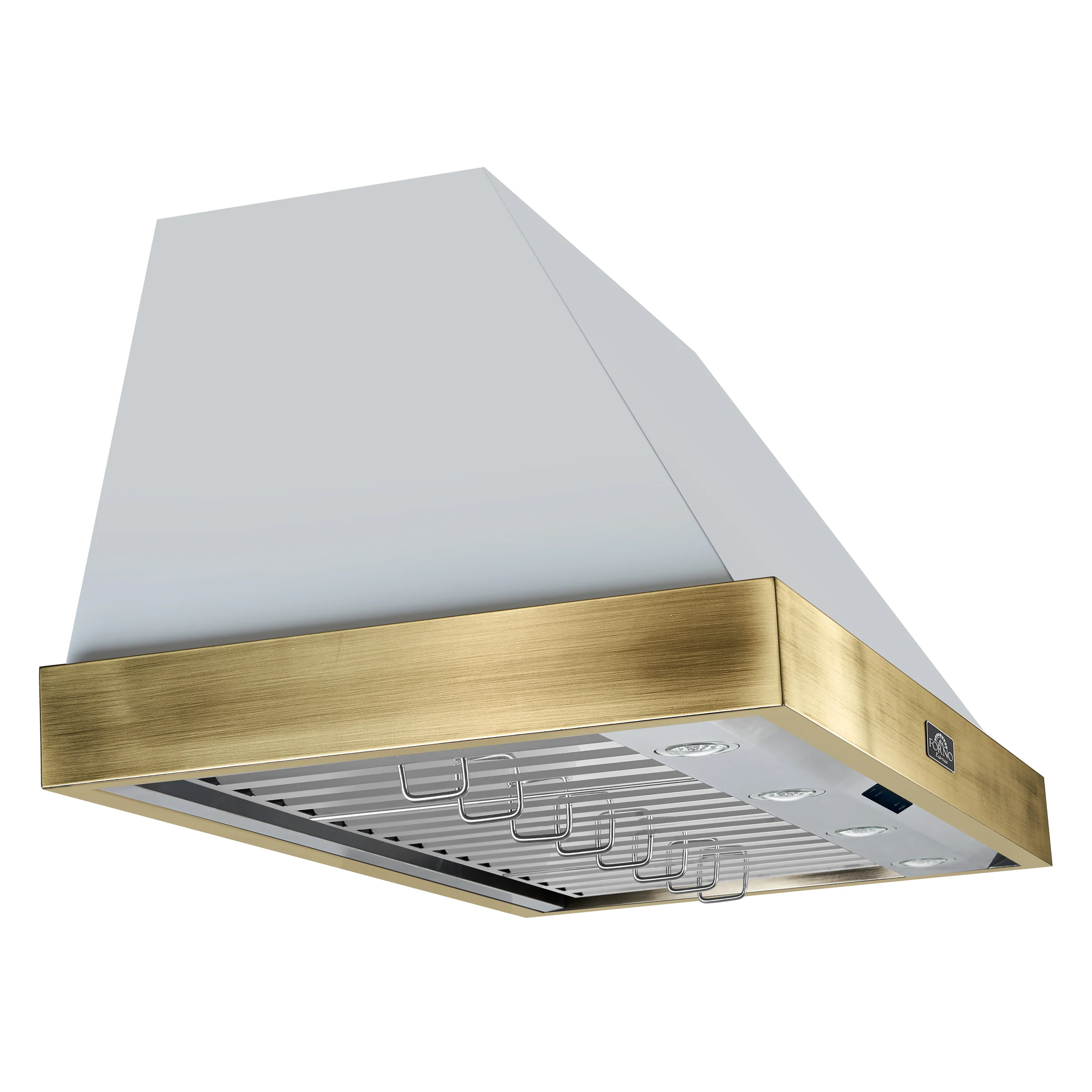 Forno Vittorio 48-Inch Wall Mount Range Hood, White with Antique Brass Trim, 600 CFM Airflow, Dishwasher-Safe Baffle Filters, Remote Control, 3-Speed Fan, Bright LED Lighting - Image 3