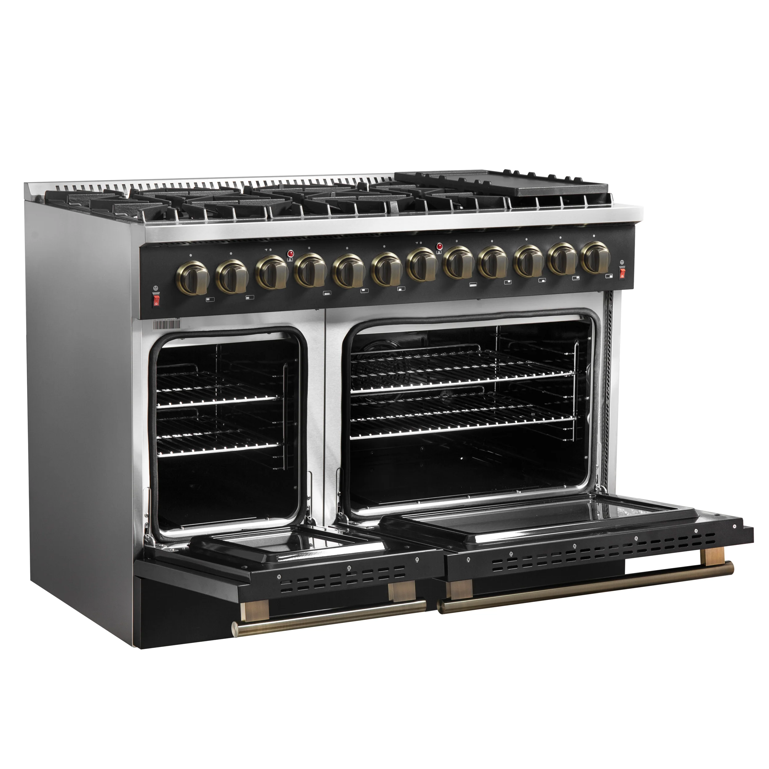 Galiano 48-inch Dual Fuel Range Black & Antique Brass Design with 8 Sealed Burners 107,000 BTU, 6.58 cu. ft. double ovens & Griddle - Image 8