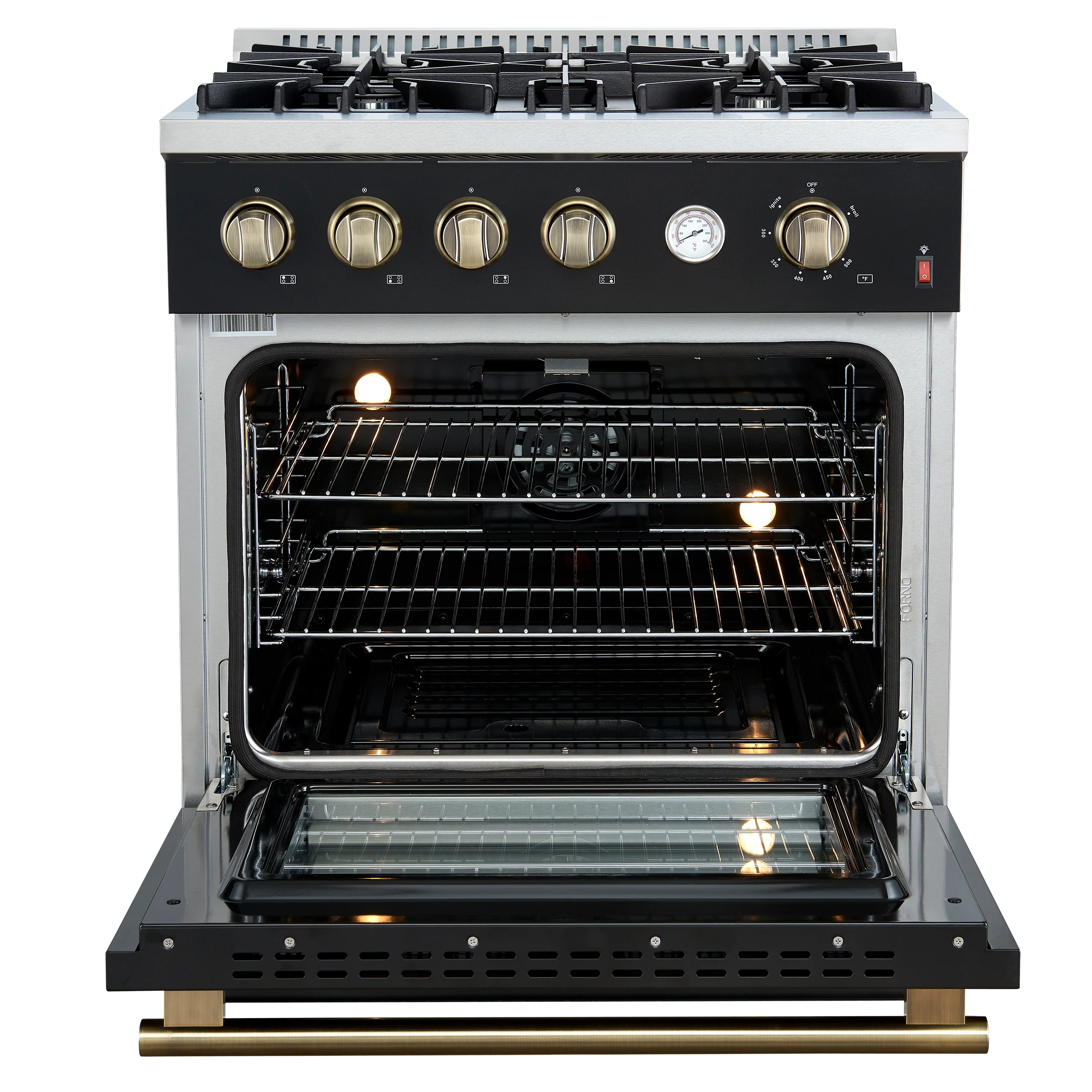 Marco 30-inch Gas Range Black & Antique Brass Design, 4 Burners 37,000 BTU, 4.32 cu.ft. Convection Oven - Image 2