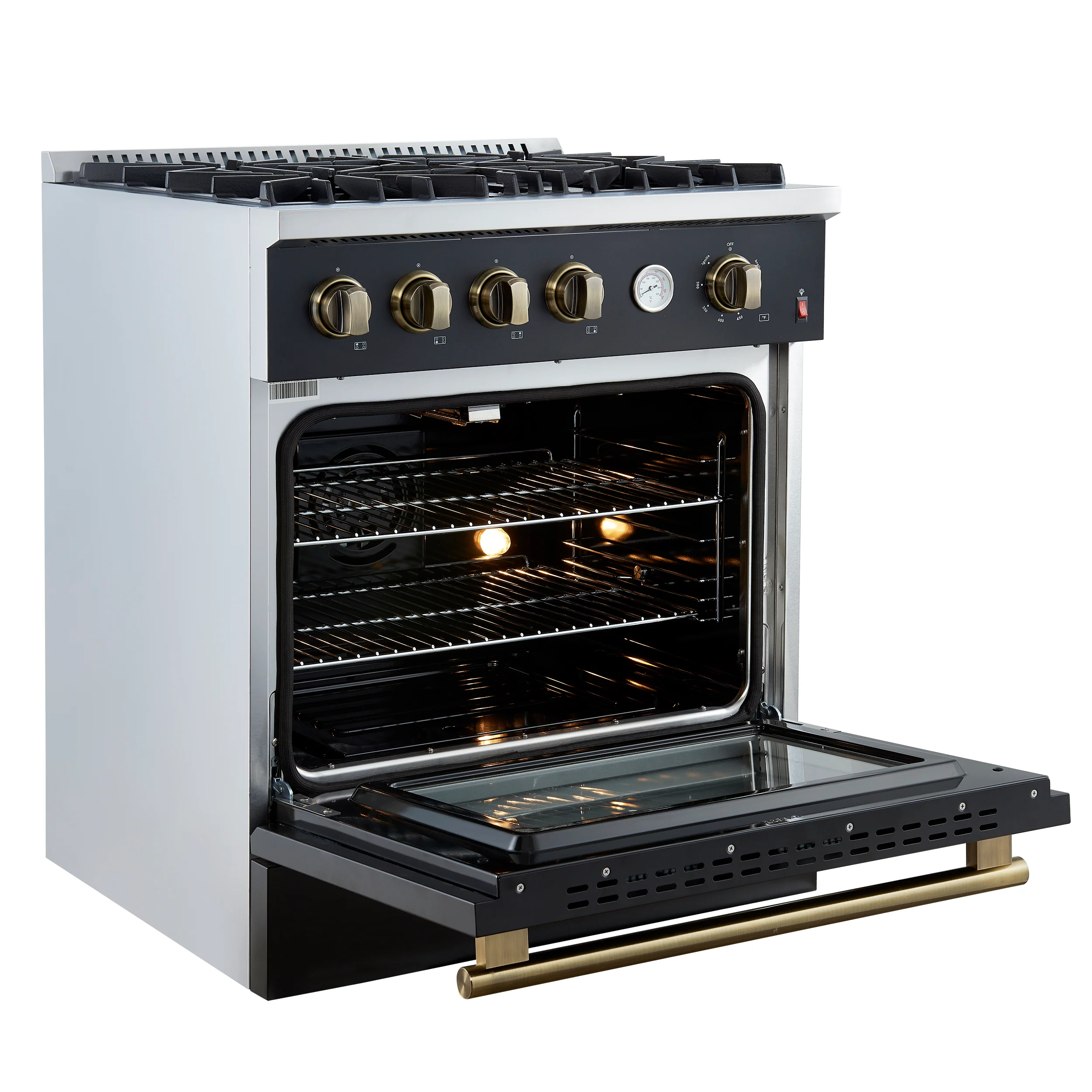 Marco 30-inch Gas Range Black & Antique Brass Design, 4 Burners 37,000 BTU, 4.32 cu.ft. Convection Oven - Image 7